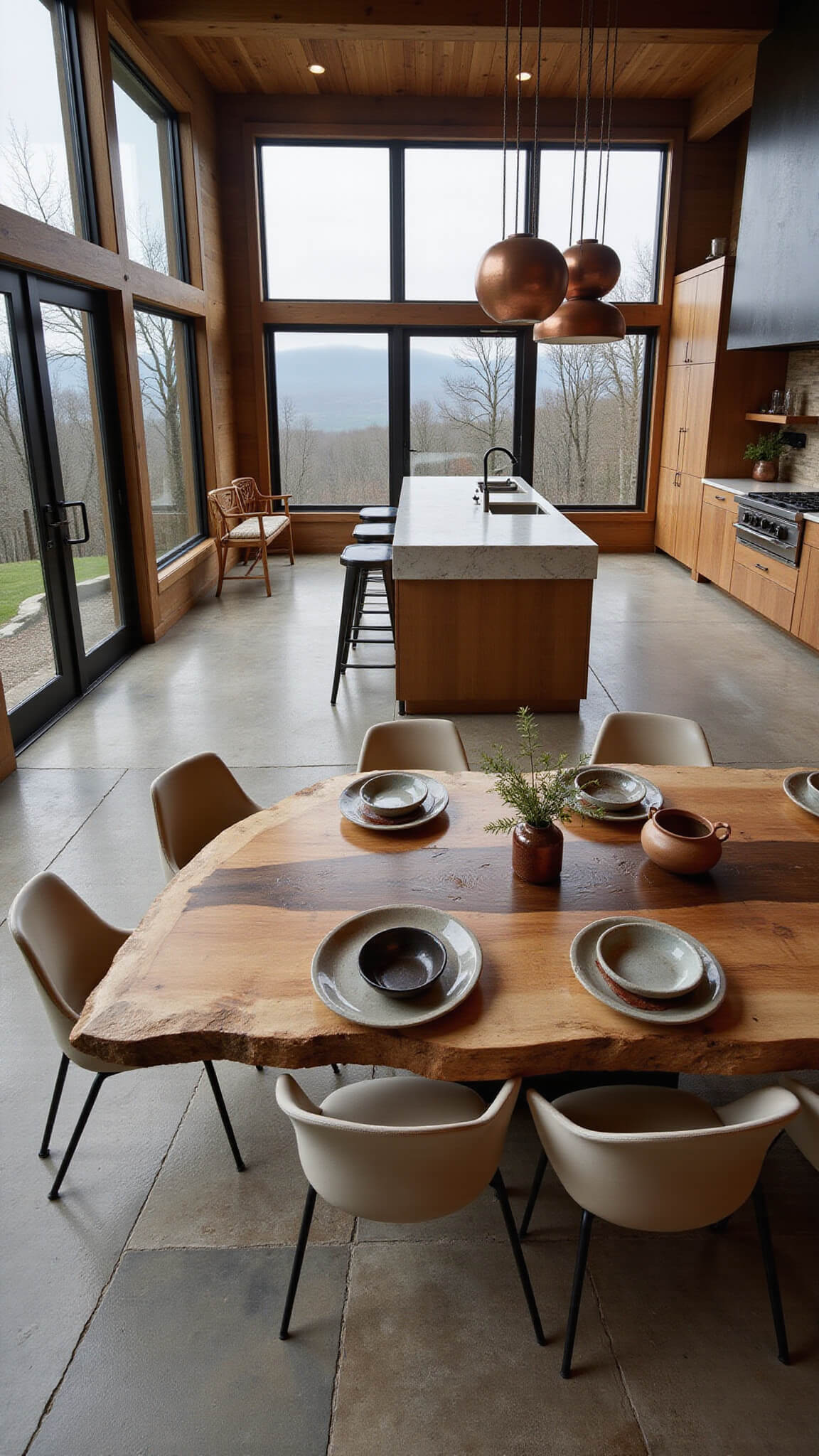 High-angle view of a rustic open-concept kitchen and dining area with stone flooring, handcrafted wooden cabinetry, a weathered bronze and marble island, and a live-edge wood dining table set with organic ceramic dinnerware.
