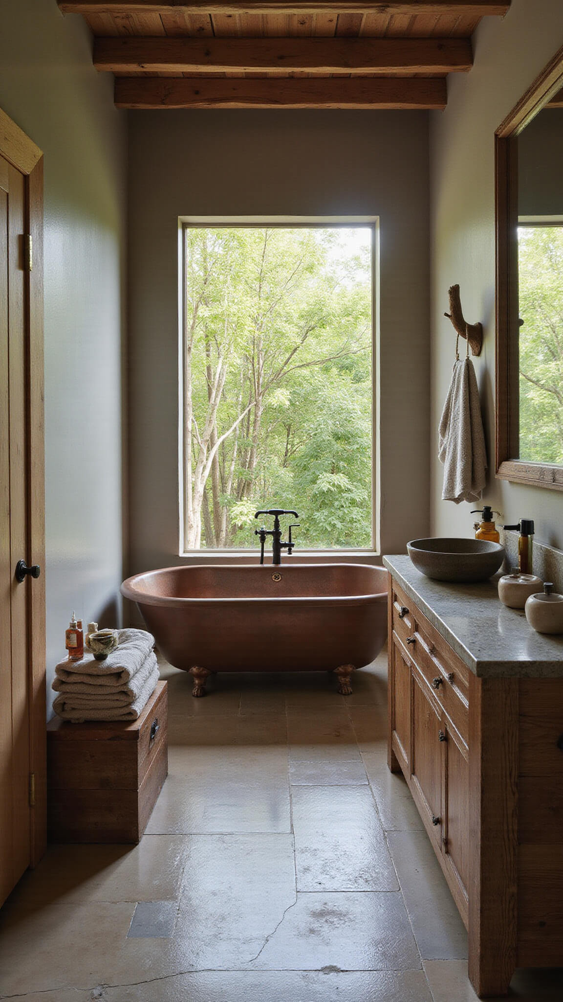 Tranquil bathroom with stone tile floor, aged copper tub, wooden beams, cracked plaster walls, and natural decor bathed in soft bamboo-filtered light.