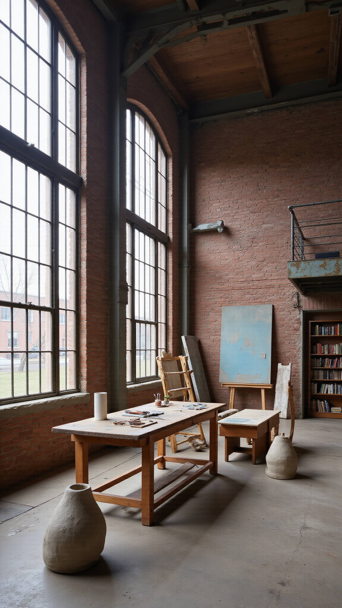 Artist's studio with exposed brick walls, large industrial windows, and a loft; scattered canvases, clay sculptures, and a worn wooden workbench filled with tools under soft, natural light.