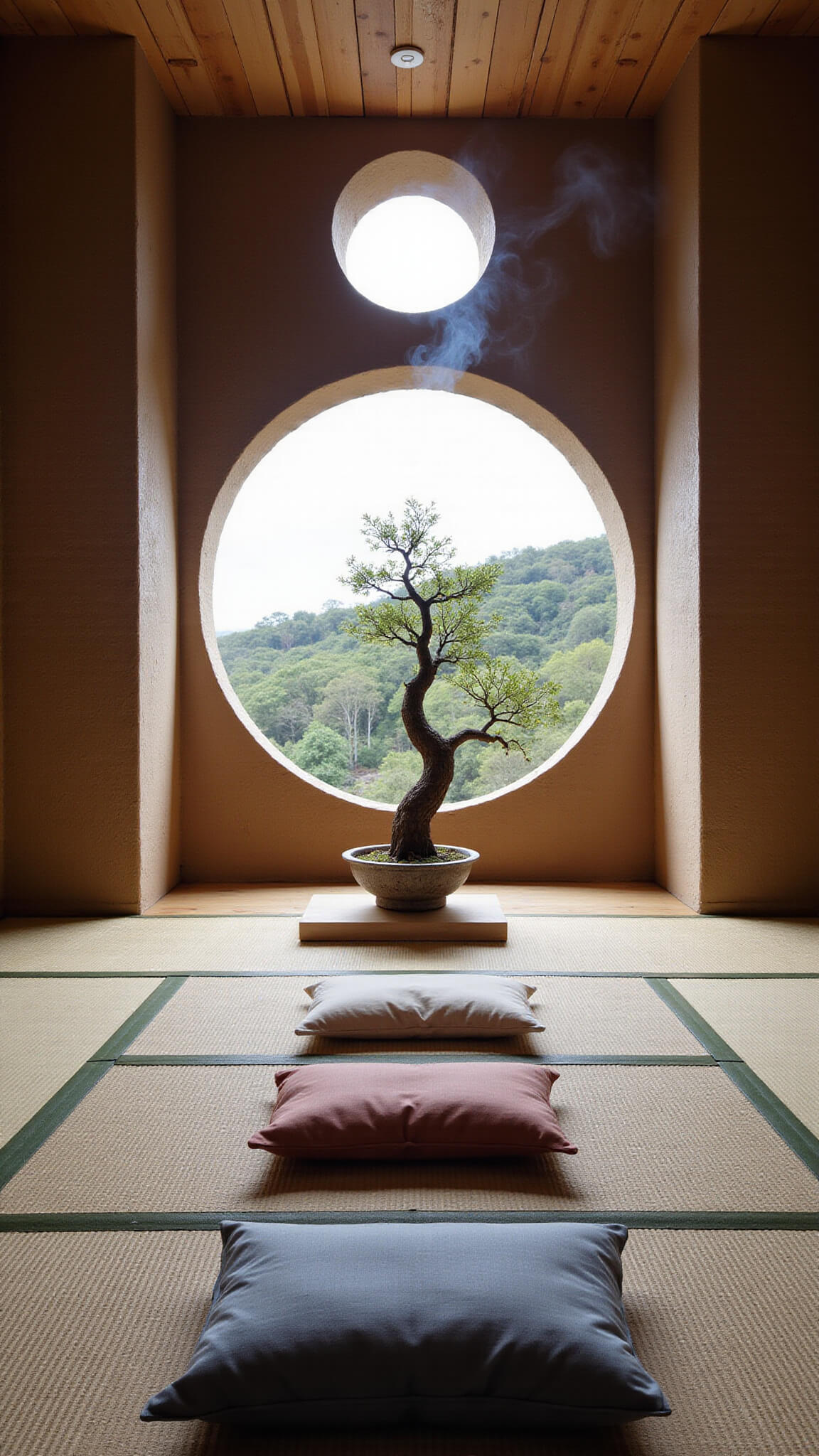 Floor-level view of a serene meditation room with rammed earth walls, a circular window overlooking a hillside, tatami mats, a raised wooden platform, handcrafted cushions, a bonsai tree in an aged pot, and curling incense smoke.