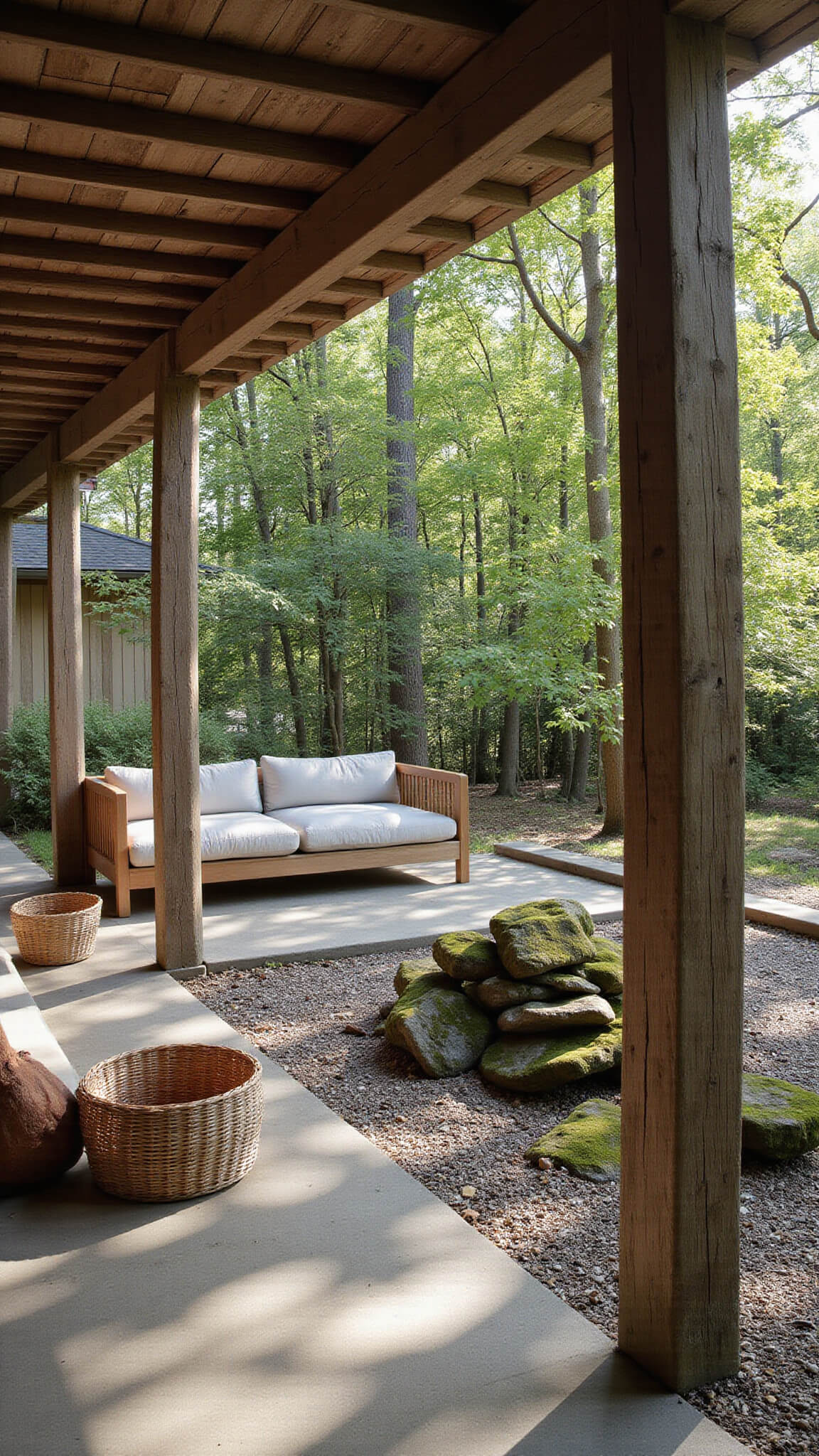 Covered outdoor living space with weathered wooden posts, slatted roof casting patterned shadows, stone flooring blending into a rock garden, sunken seating with aged linen and leather, natural decor elements, and a tranquil river rock water feature illuminated by dappled daylight.