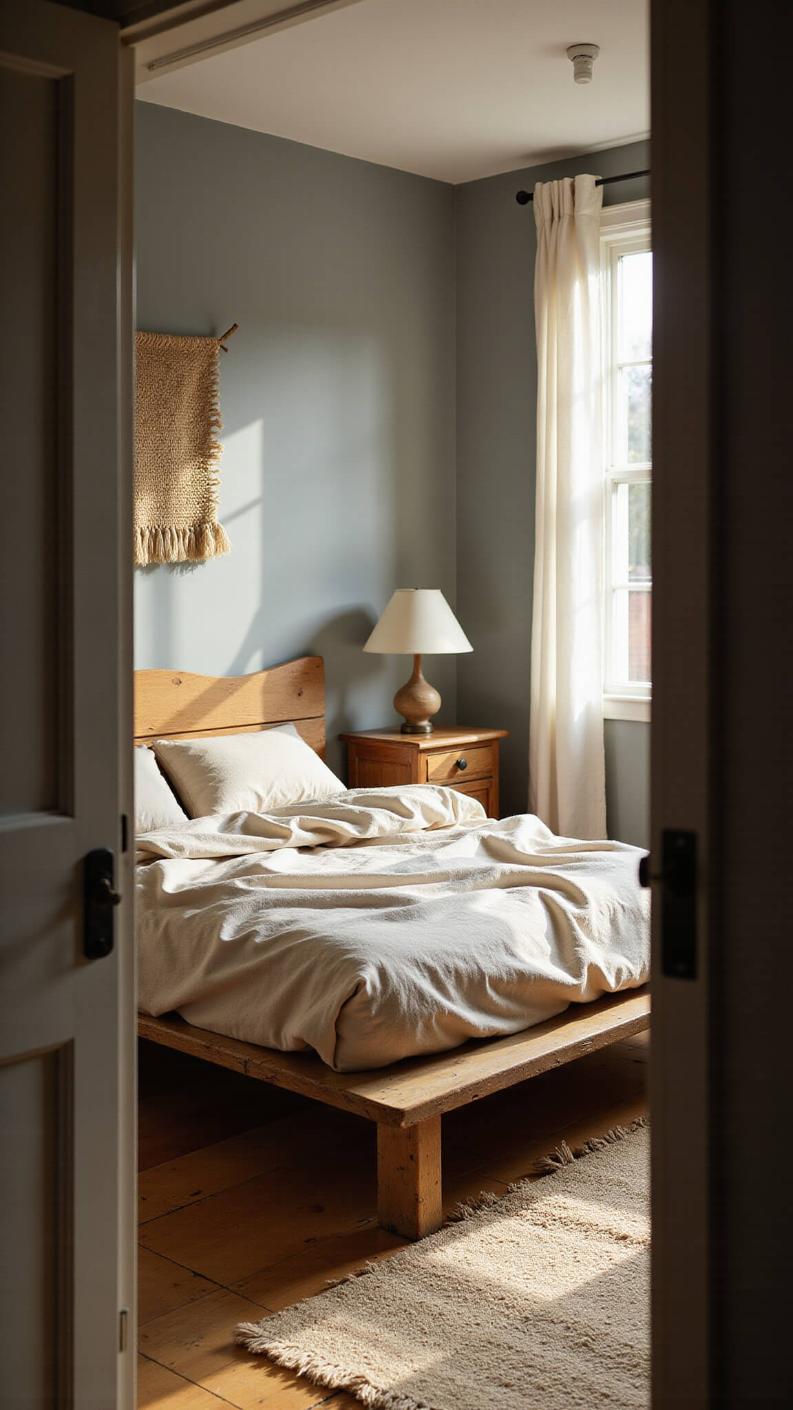 Sunlit Wabi Sabi bedroom with low wooden bed, rumpled beige linens, ceramic lamp on weathered nightstand, sheer curtains, and textured decor in warm, muted tones.