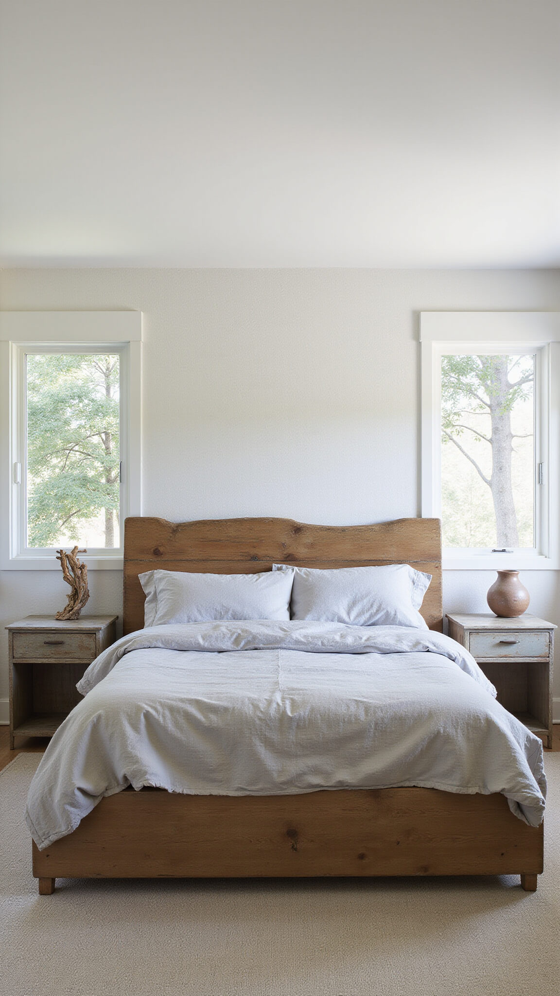 Wabi Sabi master bedroom with king-size bed, vintage side tables, textured white walls, and soft morning light highlighting natural materials and organic decor.