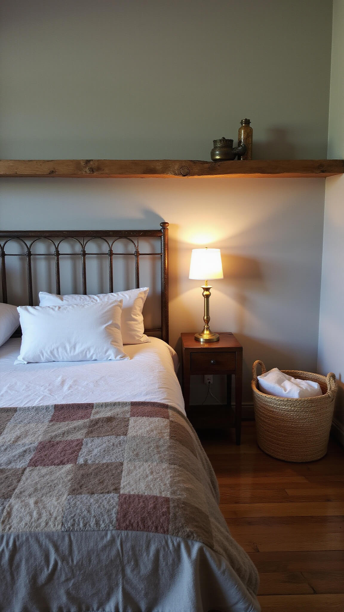 Cozy Wabi Sabi guest bedroom with antique iron bed, patchwork quilt, rustic shelf, and warm twilight lighting.