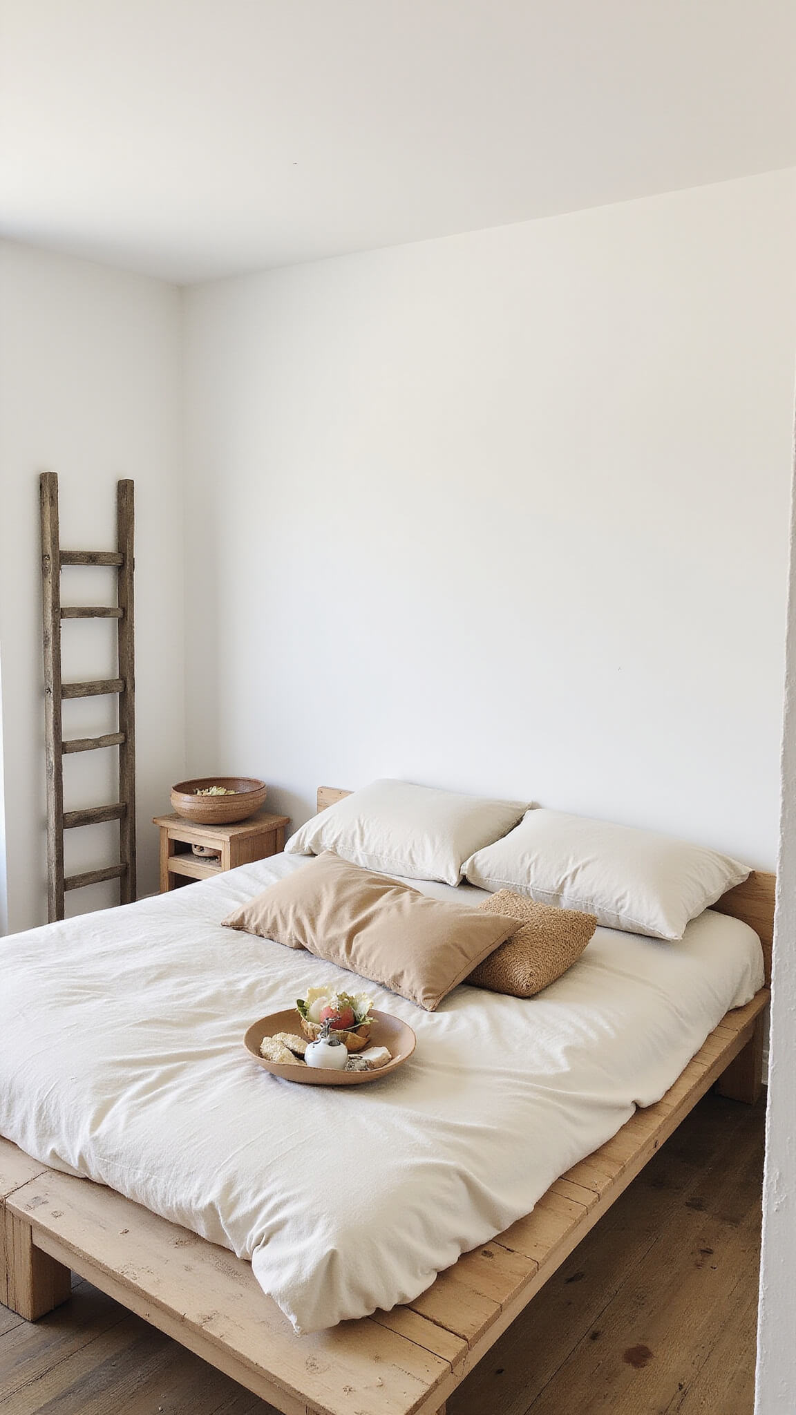 Wabi Sabi bedroom with reclaimed wood platform bed, undyed linen bedding, silk floor cushion, plastered warm white walls, repurposed ladder clothing rack, ceramic bowls with natural objects, bathed in bright midday light.