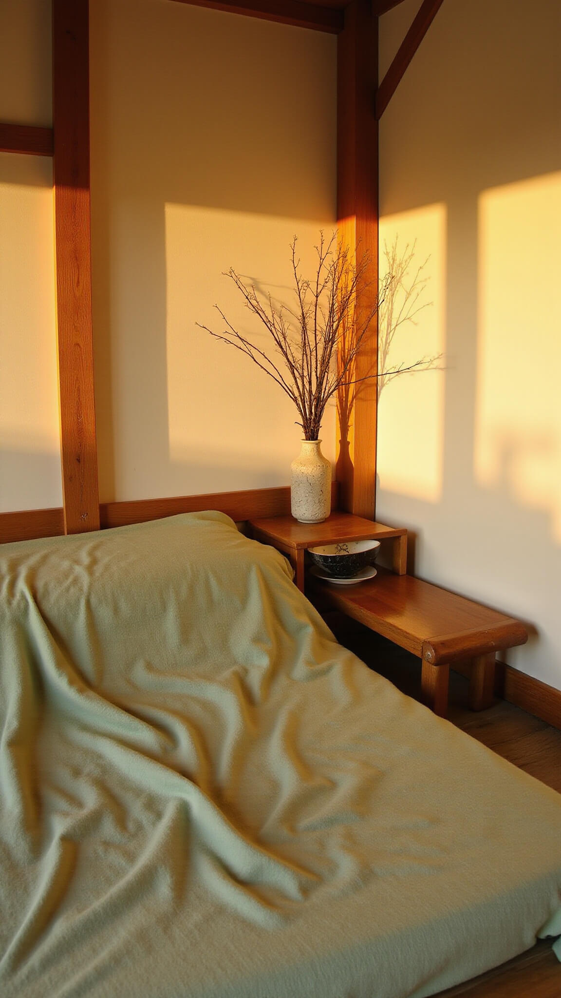 Wabi Sabi bedroom with low futon on tatami mats, soft sage linens, cracked kintsugi tea bowl on wooden side table, worn shoji screen, exposed beams, and ikebana in stone vase at golden hour.