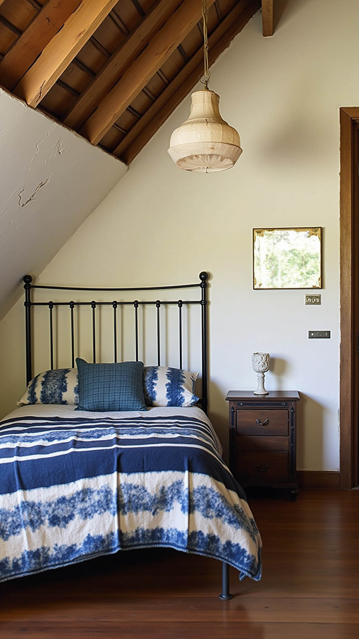 Rustic Wabi Sabi attic bedroom with sloped ceiling, exposed beams, aged iron bed, indigo textiles, distressed wood chest, cracked plaster walls, and soft natural light highlighting textures.