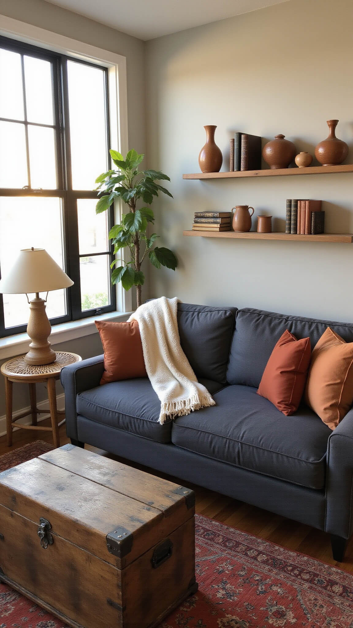Cozy 12x10 ft living space with sunset lighting, navy loveseat, rust pillows, wooden trunk coffee table, mismatched side tables, fiddle leaf fig, and floating shelves with vintage decor.