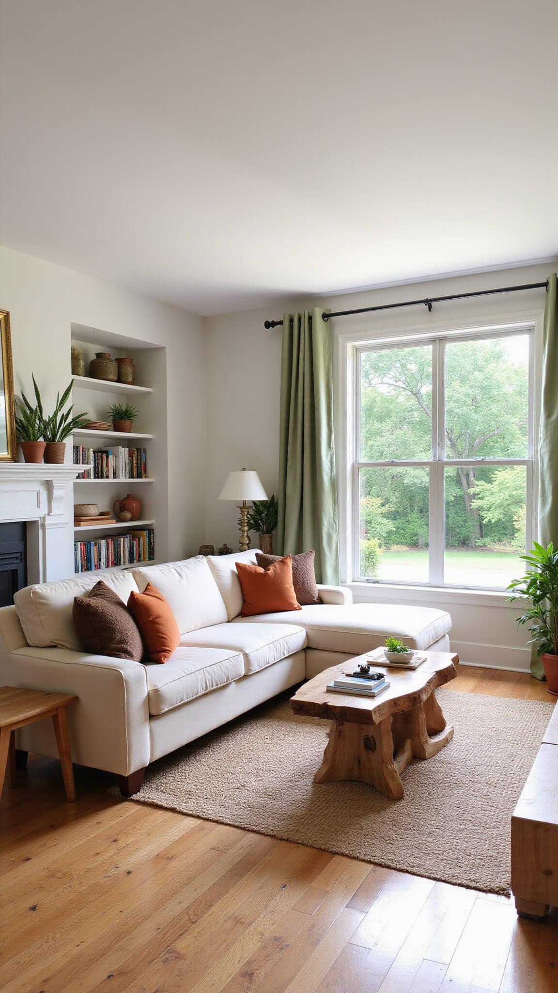 Bright, airy living room with large window, cream sectional sofa, textured pillows, live-edge coffee table on layered rugs, built-in bookshelves, and morning sunlight streaming in.