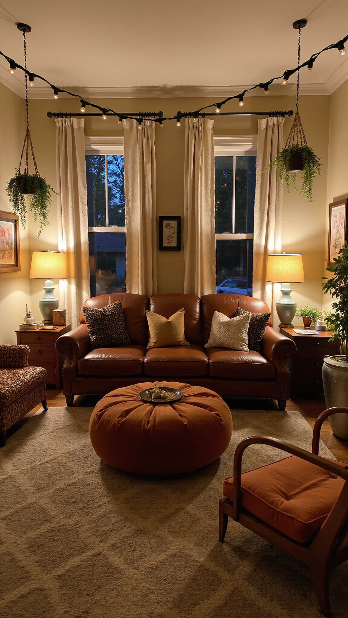 Cozy living room at dusk with warm lighting, featuring a brown leather Chesterfield sofa, rattan armchair, rust velvet pouf coffee table, floor cushions, hanging plants, and a muted geometric rug.