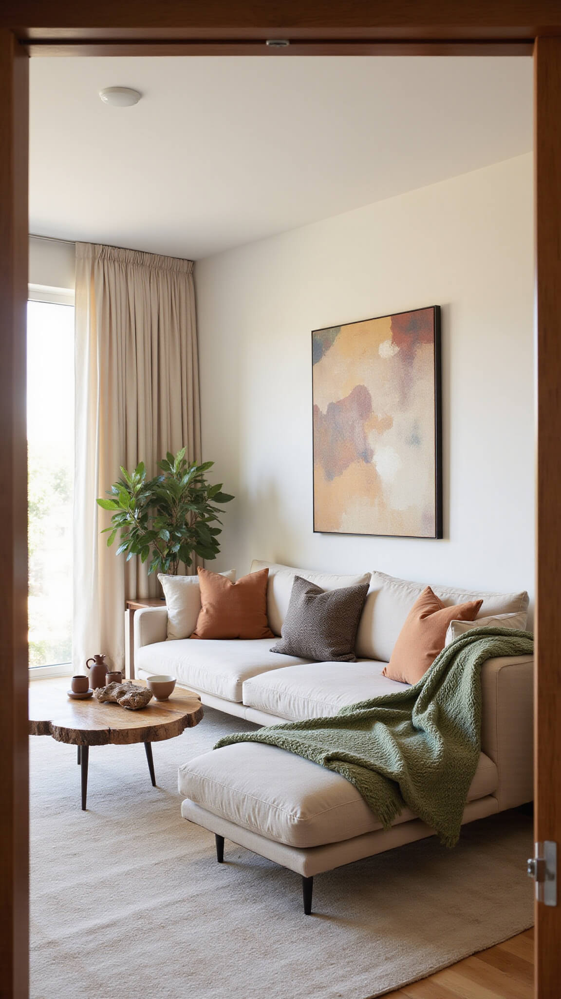 Minimalist 16x13 ft living room with natural linen platform sofa, earthy-toned pillows, petrified wood coffee table, walnut media console, and sheer ivory curtains glowing in golden hour light.