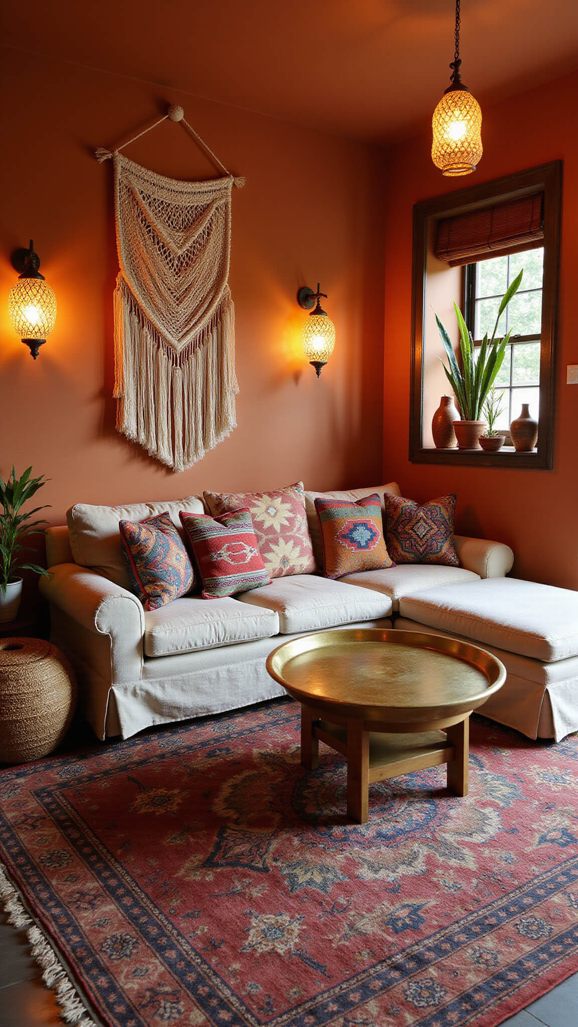 Eclectic bohemian living room with terracotta walls, Moroccan lanterns, kilim pillows on a linen sectional, brass tray coffee table, layered rugs, woven baskets, ceramic pots, and a macramé wall hanging.