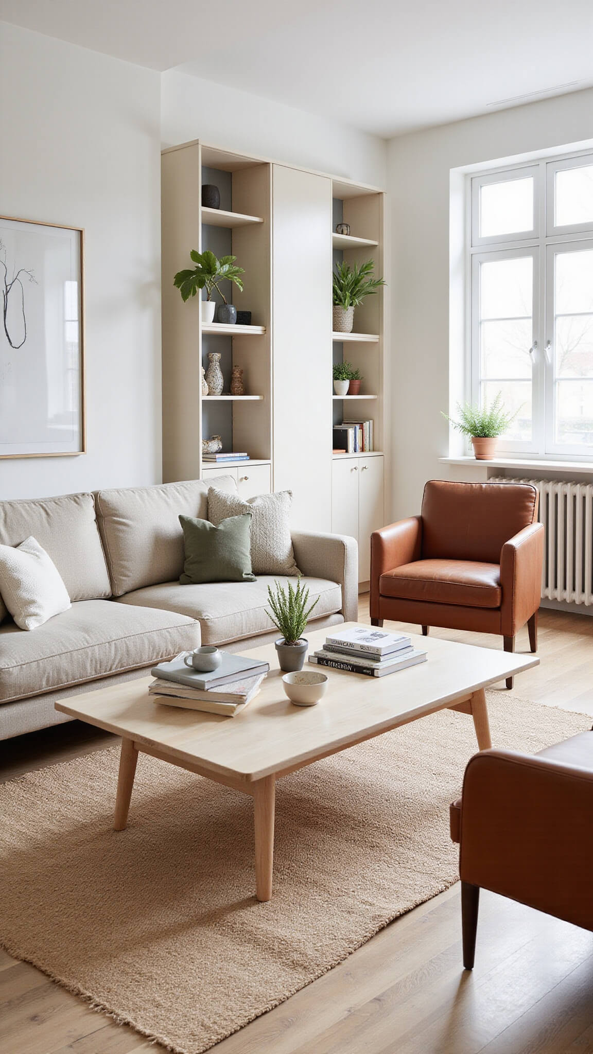 Scandinavian-style living room with neutral tones, oatmeal sofa, cognac leather armchair, jute rug, and built-in shelving in soft natural light.