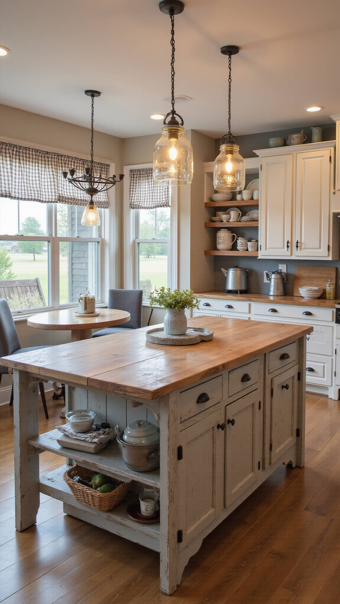 Wide-angle view of a warm, inviting farmhouse kitchen with rustic wooden island, white cabinets, vintage decor, and natural morning light streaming through large windows.