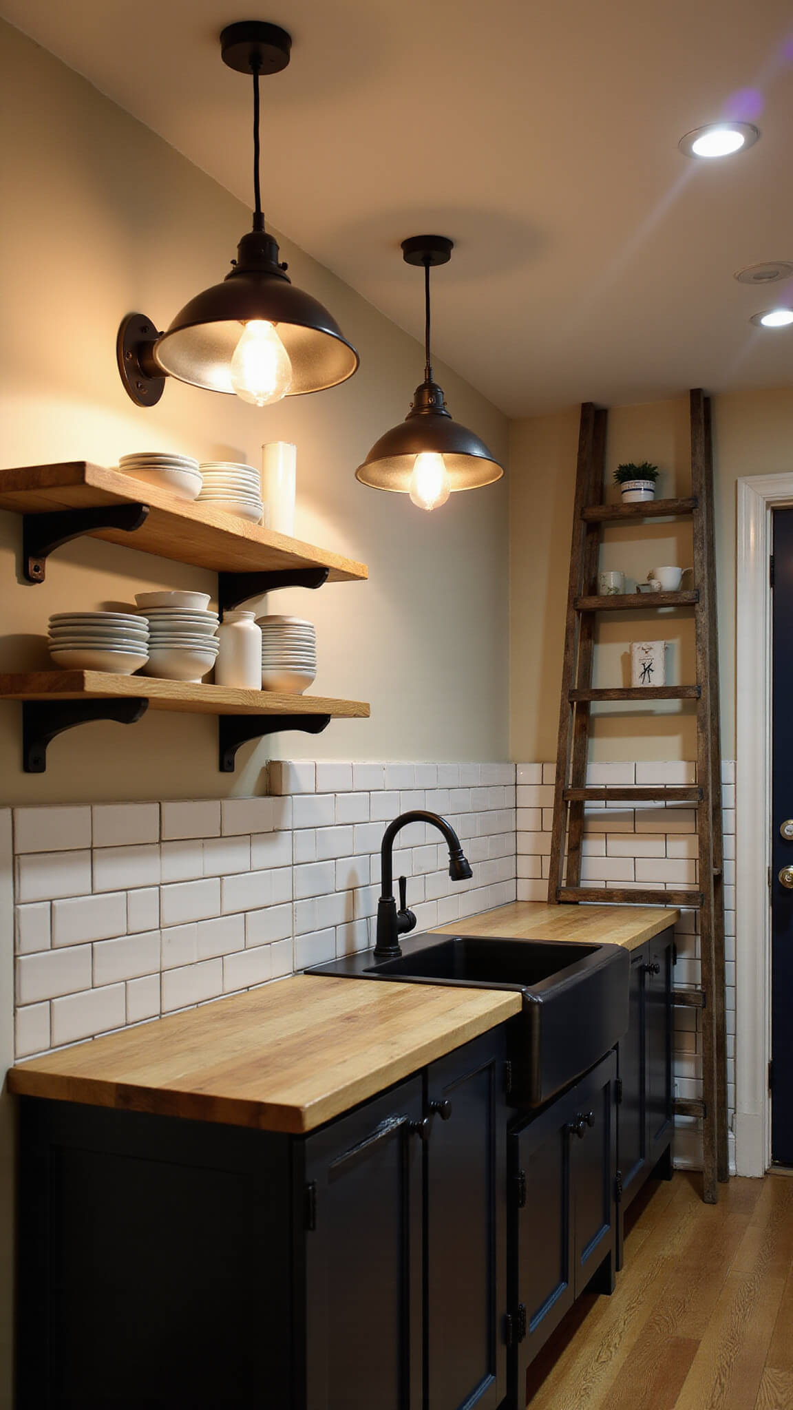 Cozy galley kitchen with warm layered lighting, black pendant lights, open shelving with white dishes, wood counter, farmhouse sink, and industrial accents.