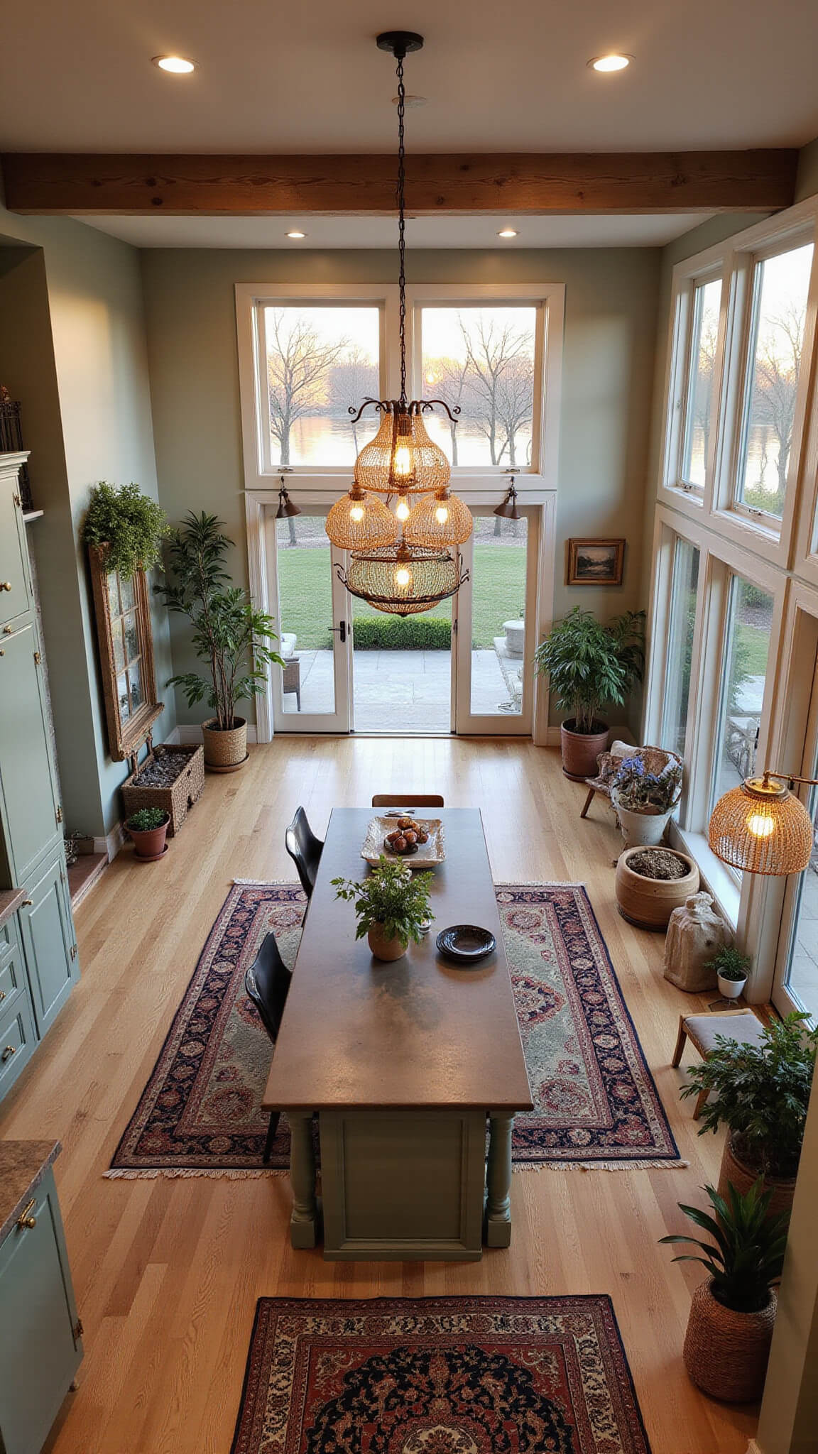 Elevated view of a spacious open-concept kitchen and dining area at sunset, featuring a large concrete island, sage green shaker cabinets, brass hardware, farmhouse table, and layered warm lighting.