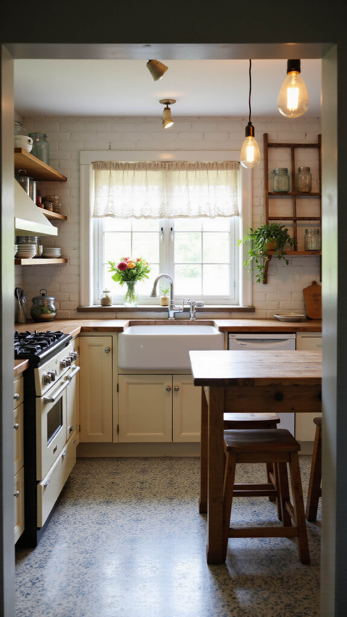 Cozy cottage kitchen with vintage cream stove, open shelving, farmhouse sink, and patterned tile floor, lit by soft natural and warm pendant lighting.