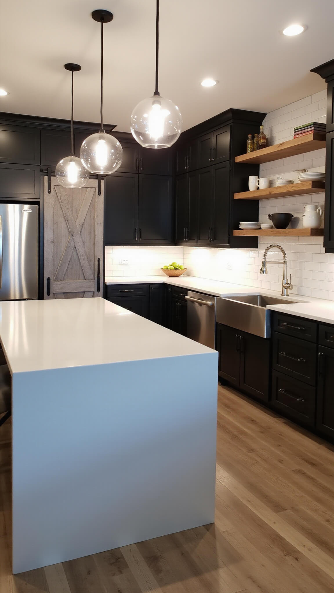 Modern farmhouse kitchen at night with matte black cabinets, white quartz waterfall island, glass globe pendants, stainless steel appliances, weathered barn door pantry, floating wood shelves, apron sink, and white subway tile backsplash.