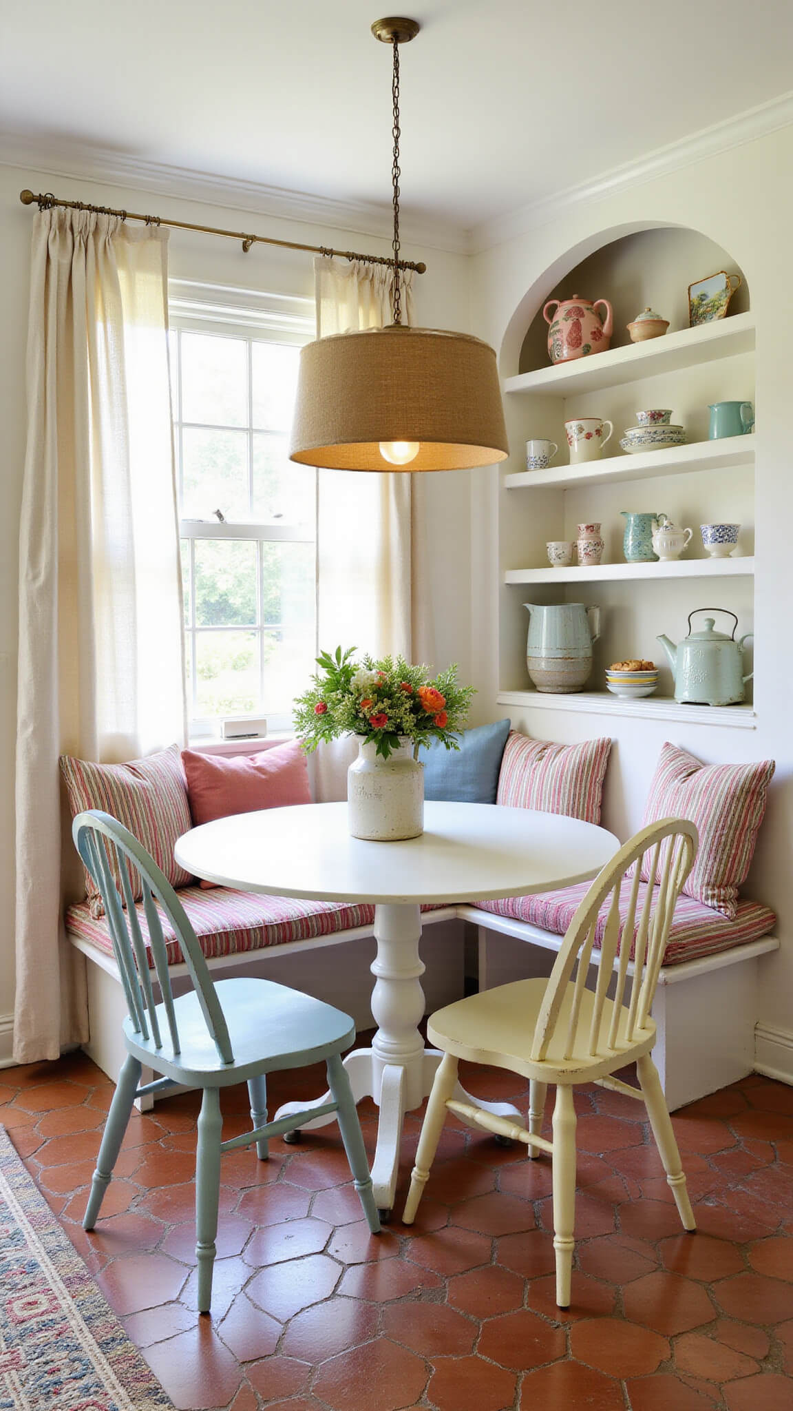 Cozy breakfast nook with round white table, pastel wooden chairs, built-in banquette, vintage décor, and terracotta tile floor in bright morning light.