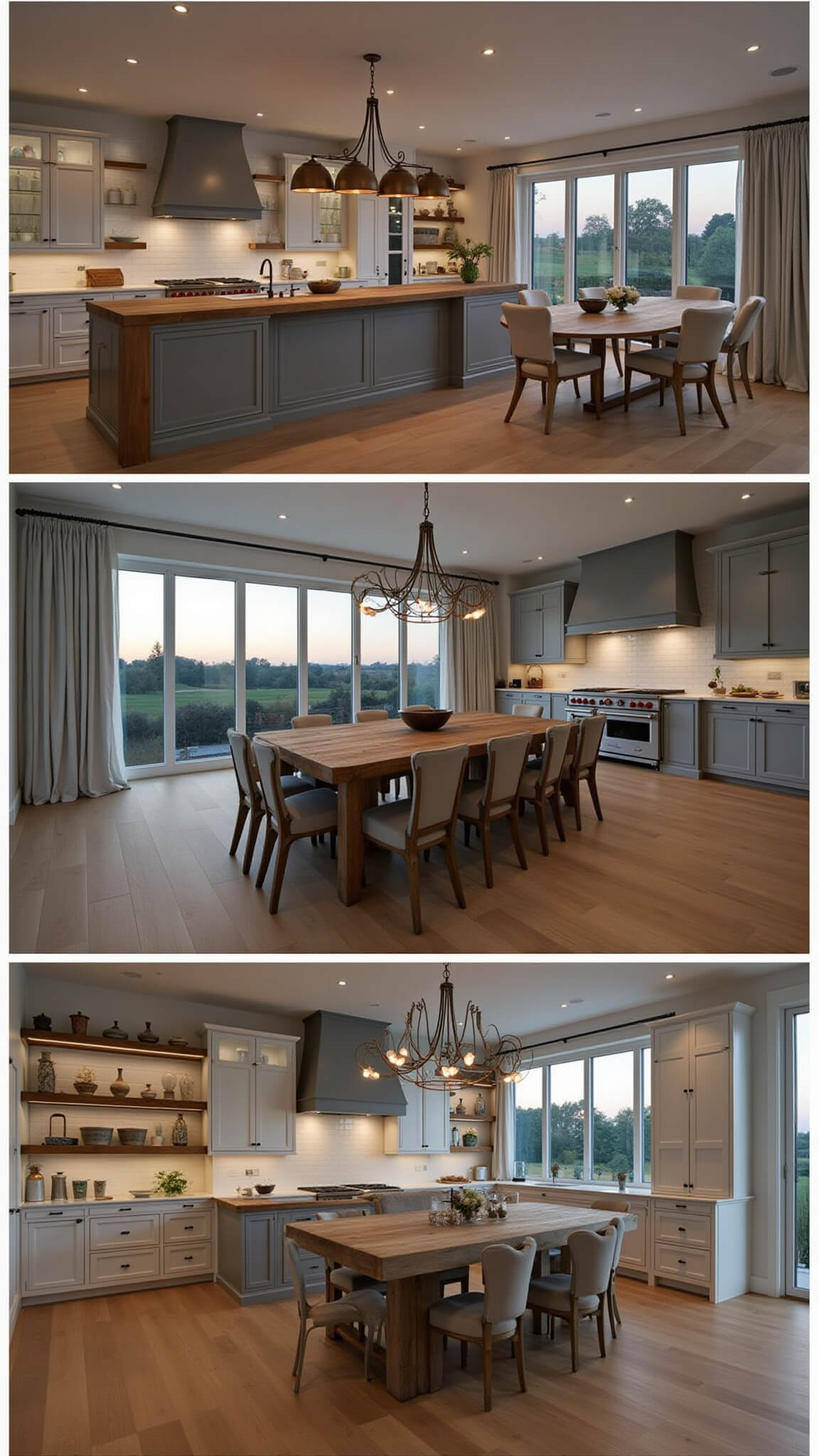 Wide-angle view of a rustic elegant farmhouse kitchen-diner at twilight, featuring a large wooden island with copper pendant lights, a farmhouse table under a wood and wrought iron chandelier, floor-to-ceiling windows with sheer curtains, and soft warm lighting throughout.