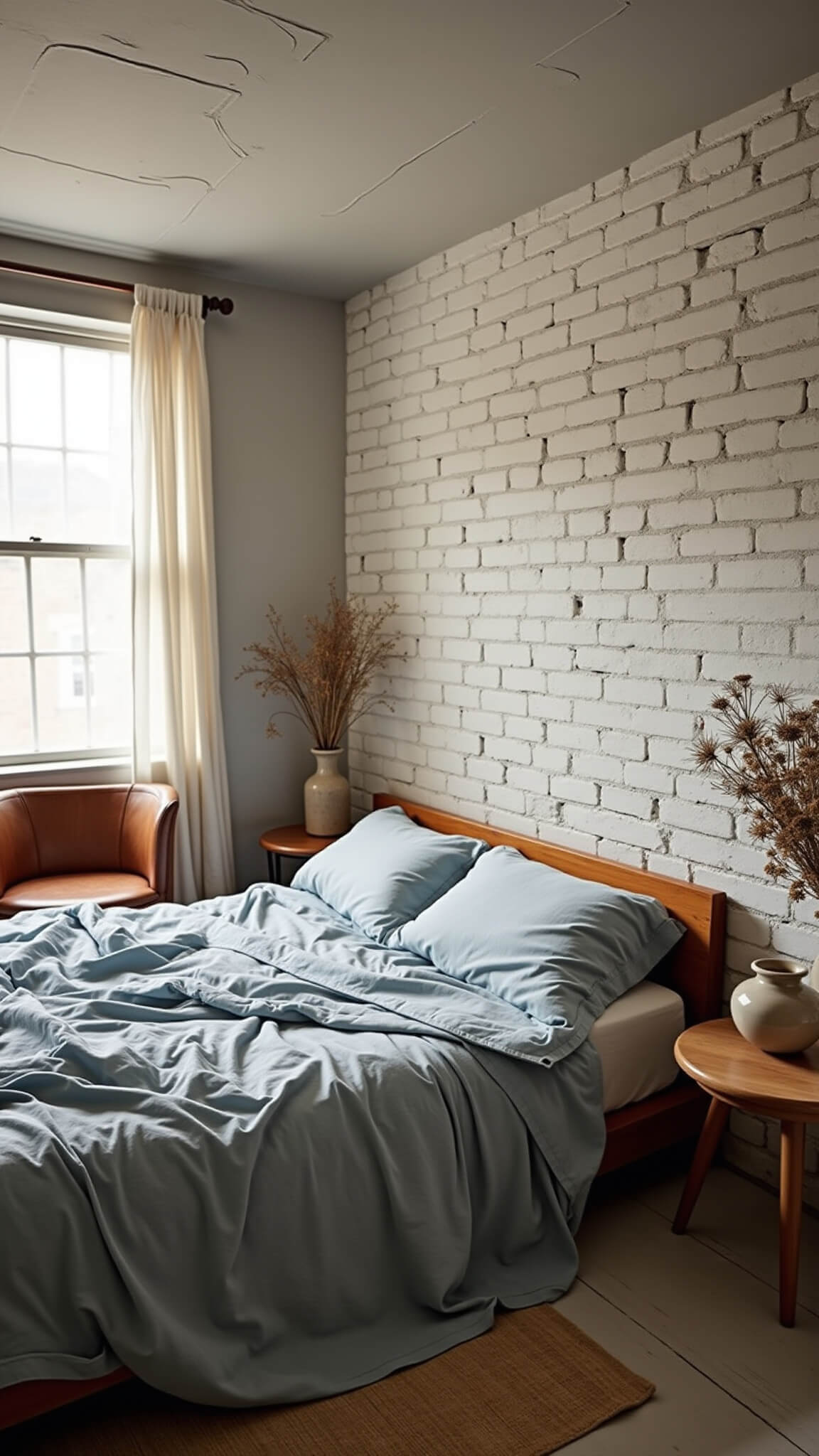Cozy 10x12 ft bedroom with golden hour light, featuring whitewashed brick walls with gold leaf cracks, pale blue linen bedding on a wooden platform bed, mismatched ceramic tables with pottery and wildflowers, a distressed leather armchair by a window with sheer curtains, and peeling gray paint near the ceiling.