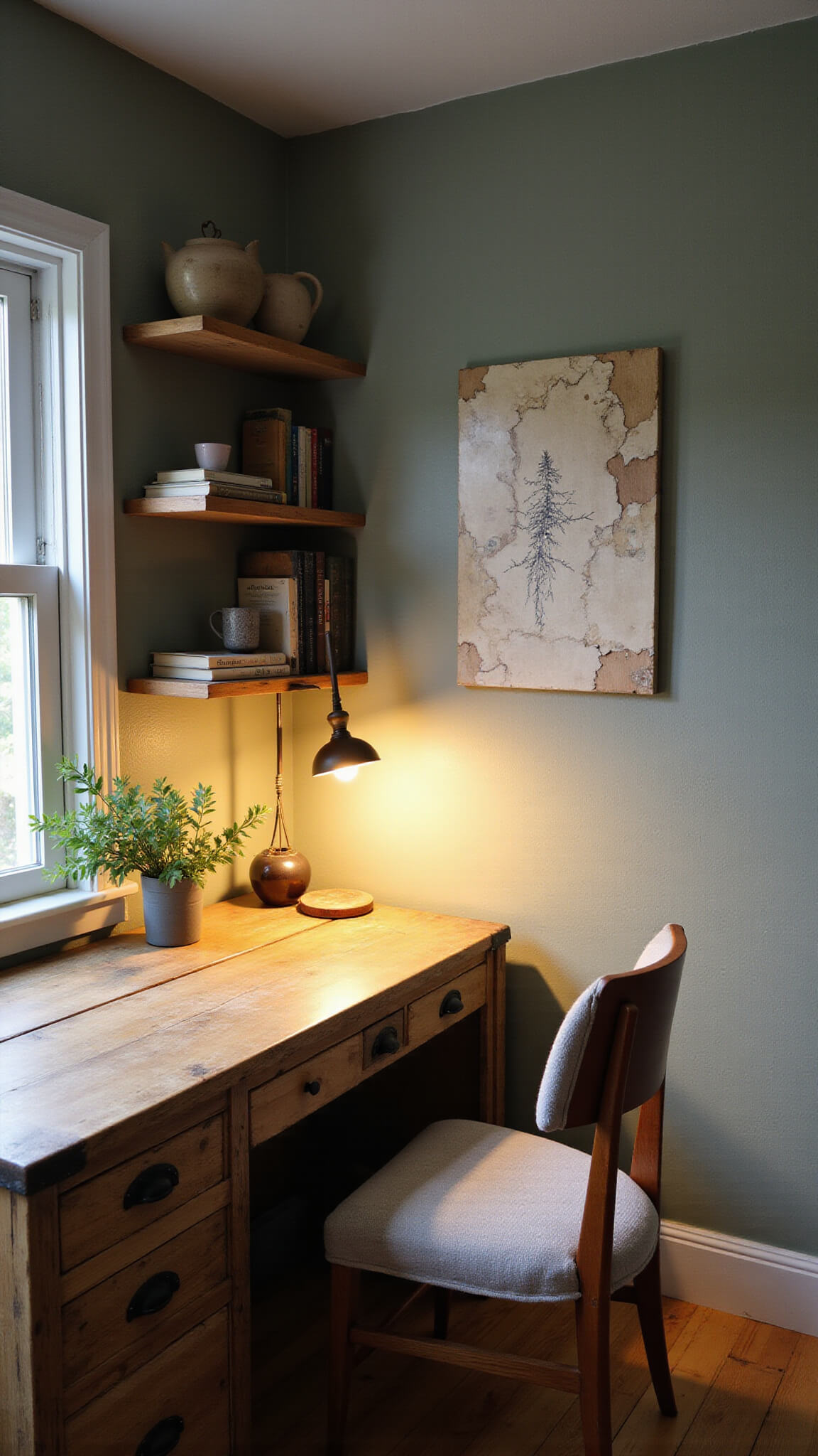 Cozy sage green home office nook with weathered wooden desk, vintage gray linen chair, and shelves displaying books and wabi-sabi ceramics, softly lit by a warm desk lamp.