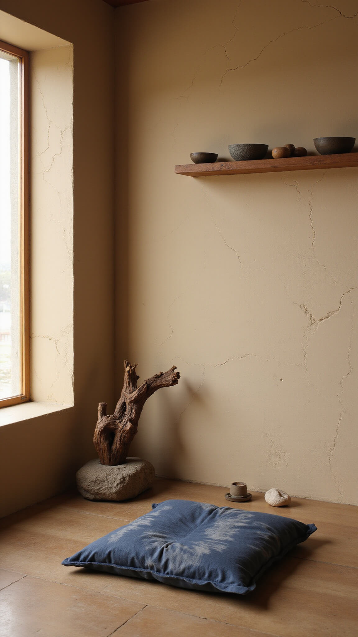 A tranquil 6x8 ft meditation nook with warm beige textured walls, indigo cushion on a low platform, river stones, driftwood sculpture, ceramic incense holder, and handmade tea bowls on a wall shelf, softly lit by dawn light through sheer curtains.