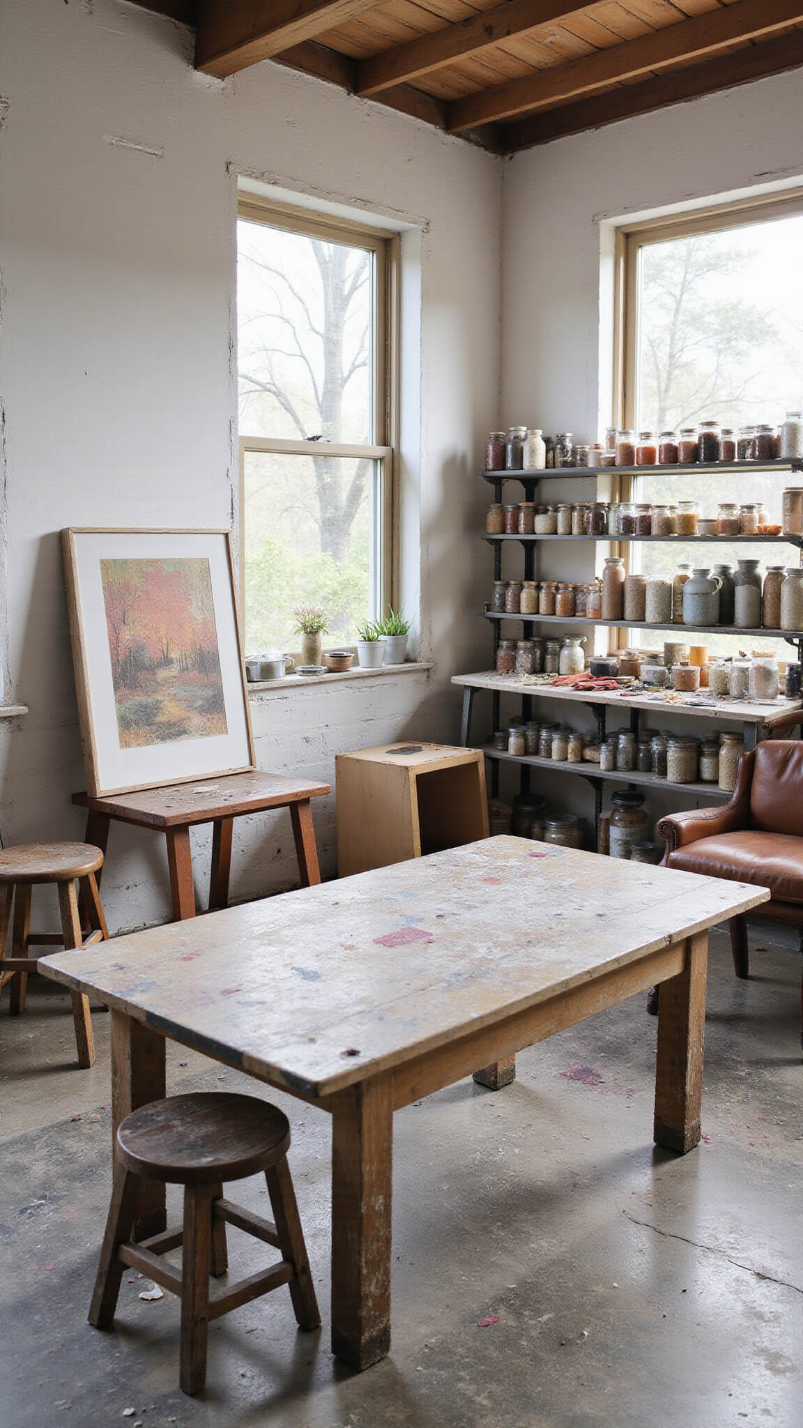 Artist's studio with paint-splattered white walls, central stained worktable, shelves of earth-toned pigments in glass jars, canvases leaning against walls, and vintage seating bathed in soft afternoon light.