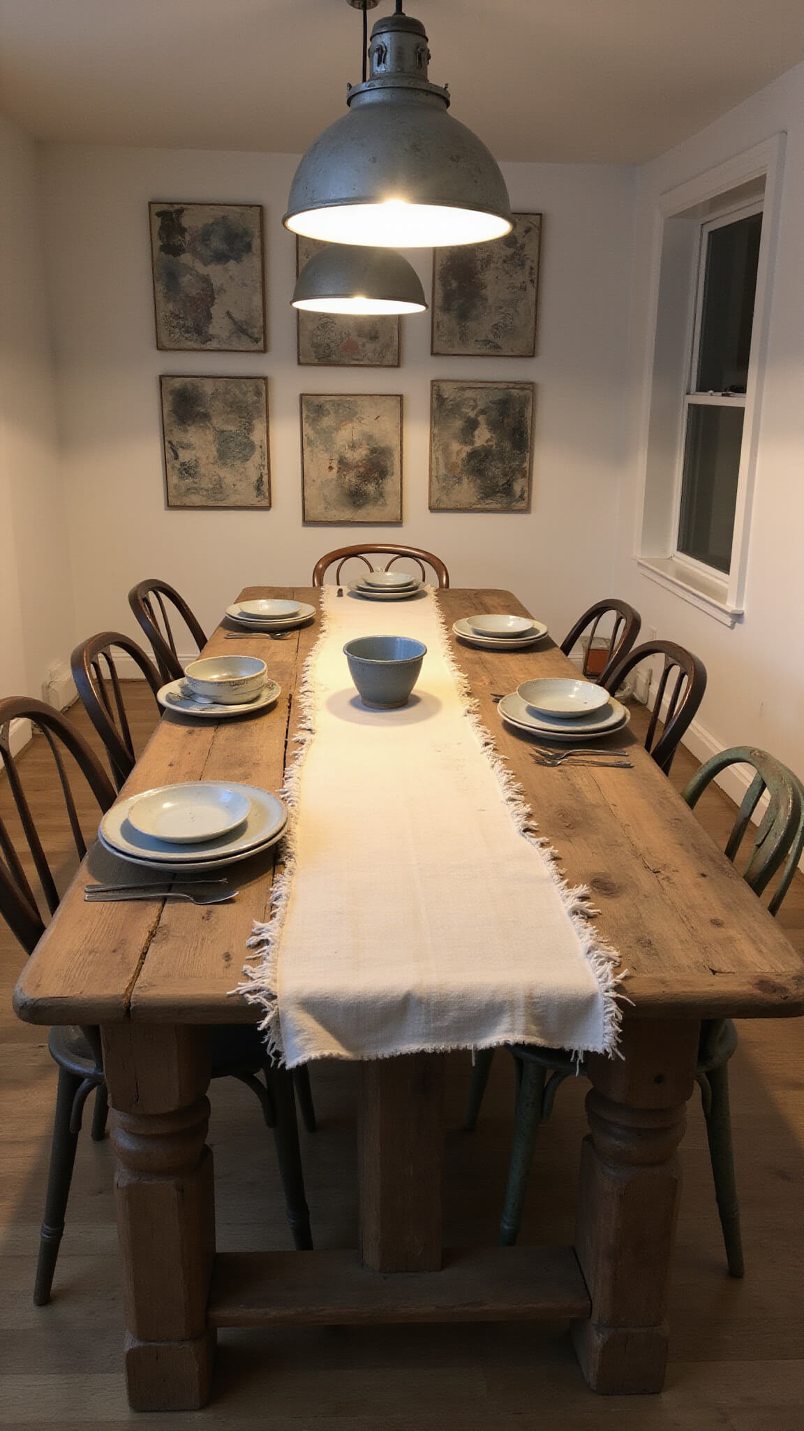 Rustic dining area with reclaimed wood farmhouse table, mismatched worn chairs, linen runner, handmade ceramics, and pendant lights above.