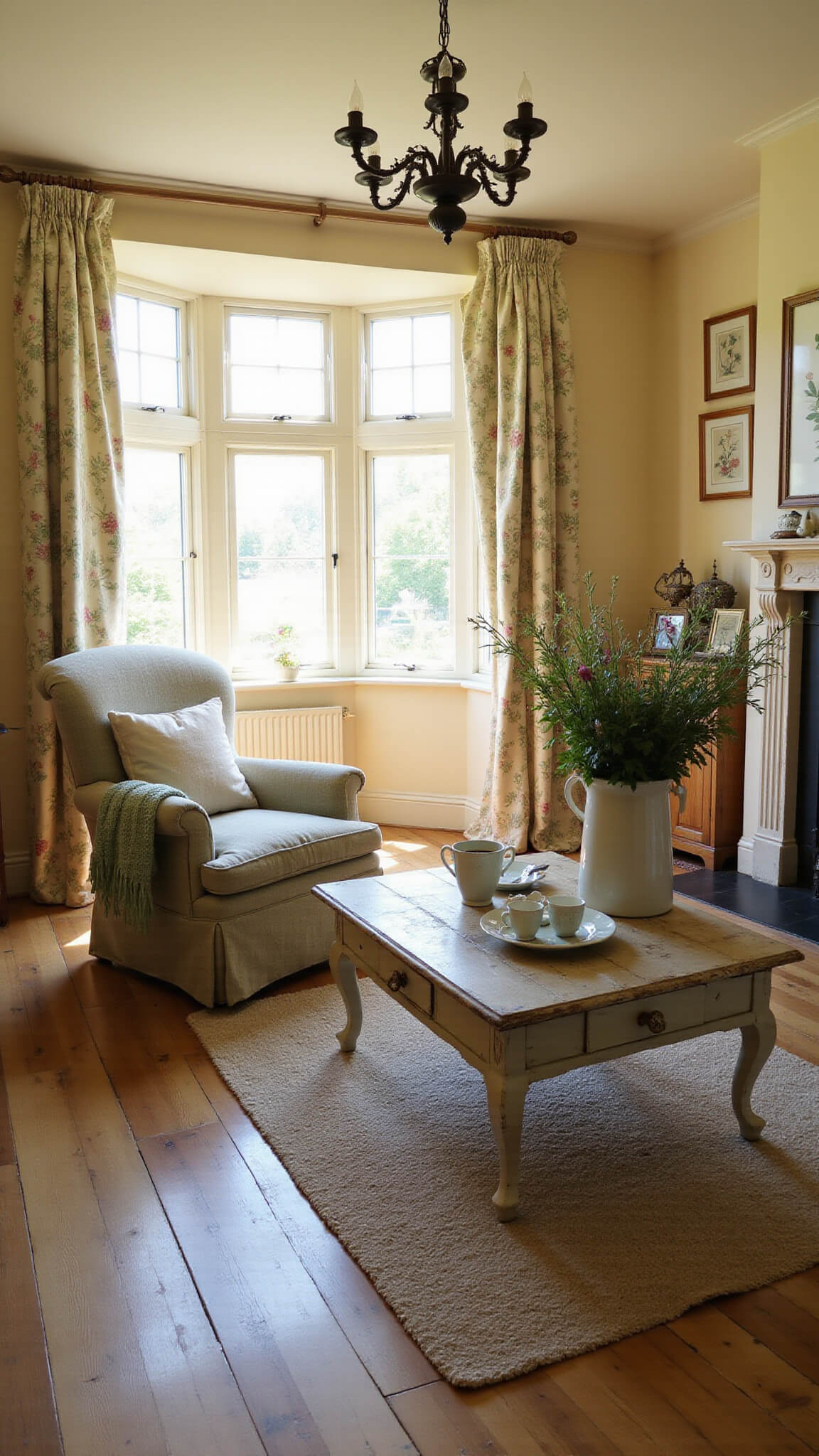 Sunlit cottagecore living room with vintage decor, floral armchair near stone fireplace, lace-curtained bay window, wildflowers on distressed coffee table, and golden light from wrought-iron chandelier.