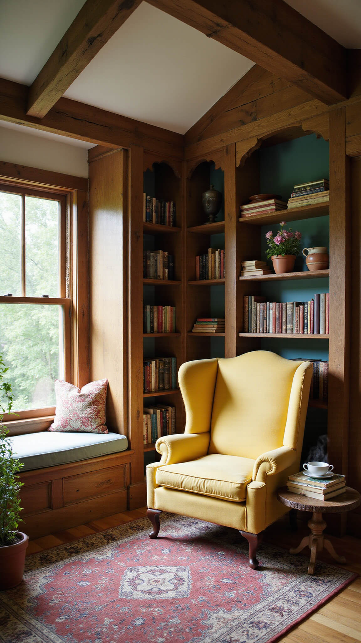 Cozy cottagecore reading nook with vaulted ceiling, window seat, reclaimed wood bookshelves, yellow wingback chair on Persian rug, and trailing ivy in soft morning light.