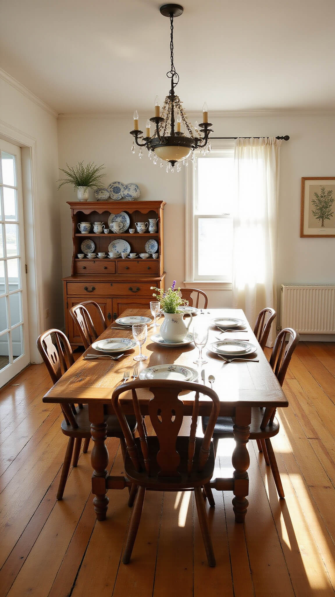 Cottagecore dining room at golden hour with sunlight filtering through sheer curtains onto a farmhouse table set with floral plates, wildflowers, and vintage silver, surrounded by mismatched chairs under a fairy-lit chandelier.