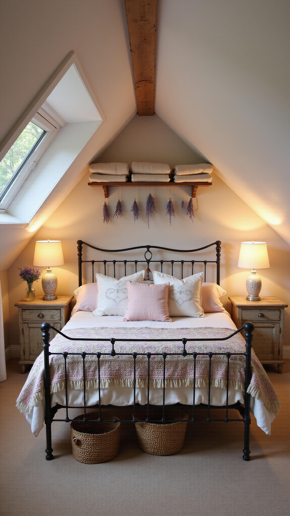 Cozy cottagecore bedroom with slanted ceilings, a dormer window seat, wrought-iron bed layered with soft linens, vintage lamps, and dried lavender hanging from exposed beams.