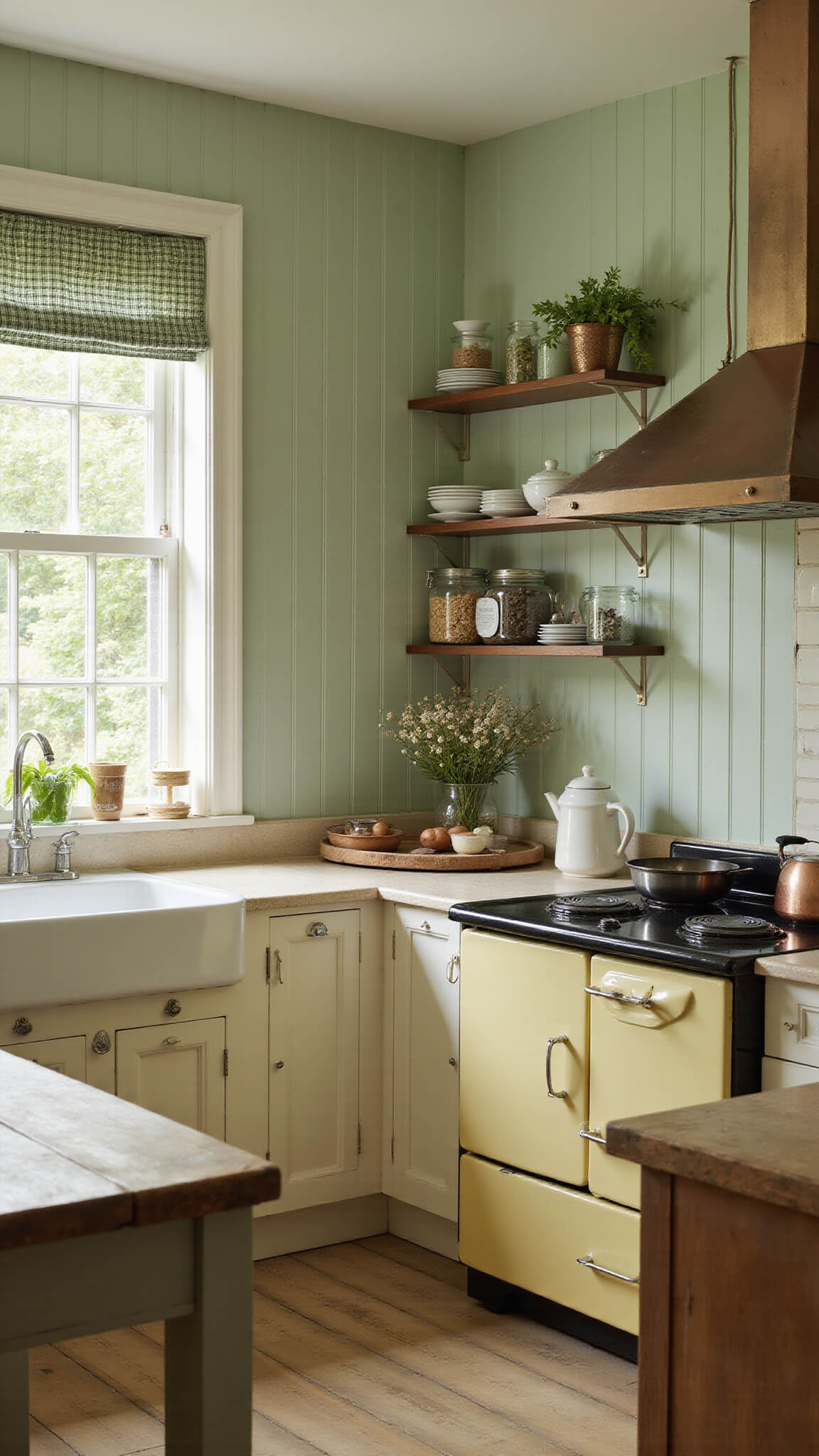 Rustic cottagecore kitchen with cream cabinets, pale green walls, yellow Aga stove, open shelves, and morning light filtering through gingham curtains.
