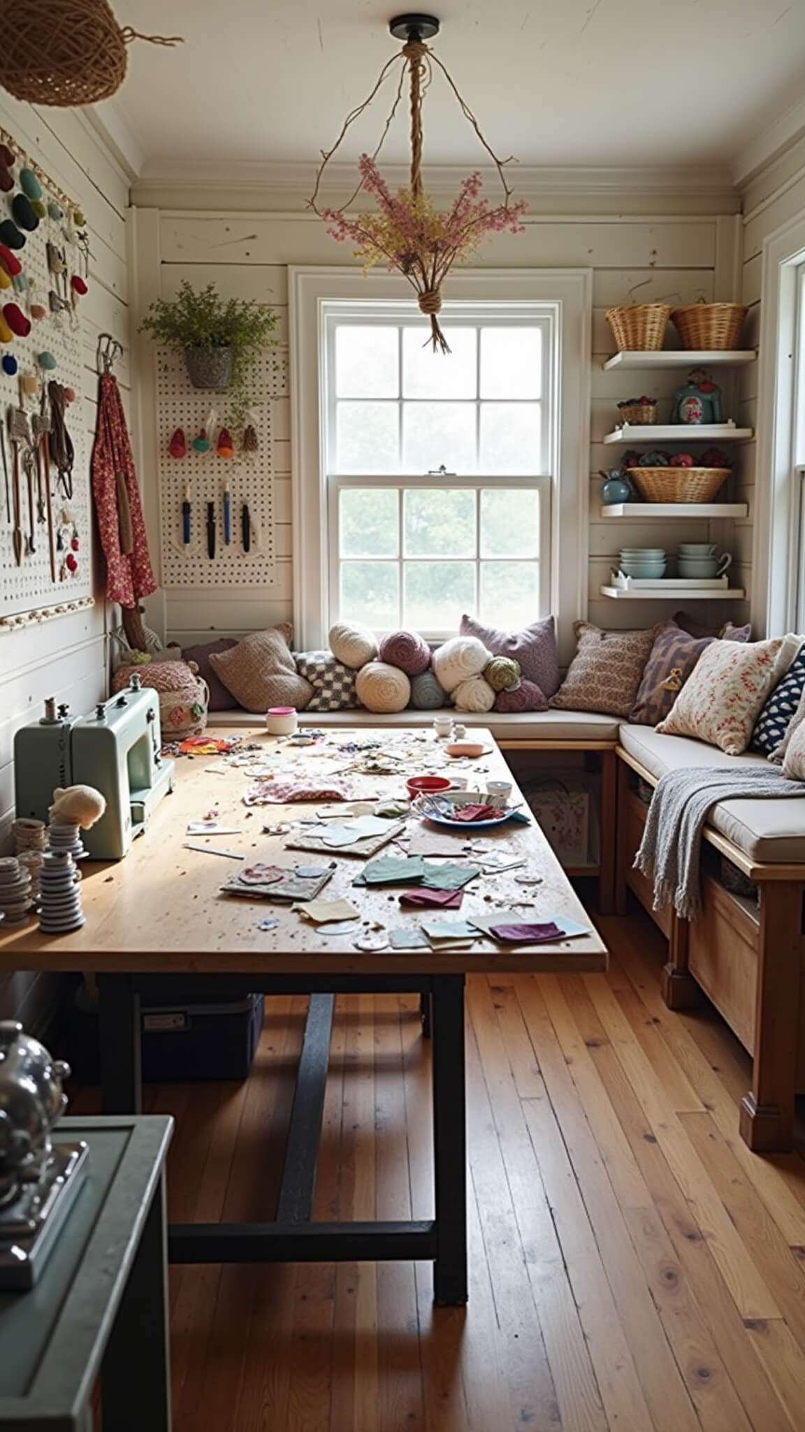 Aerial view of a cozy 10x12 ft cottagecore craft room with a farmhouse table covered in craft supplies, pegboards of tools, floating yarn shelves, dried flowers hanging from the ceiling, and a sunlit window seat with handmade cushions.