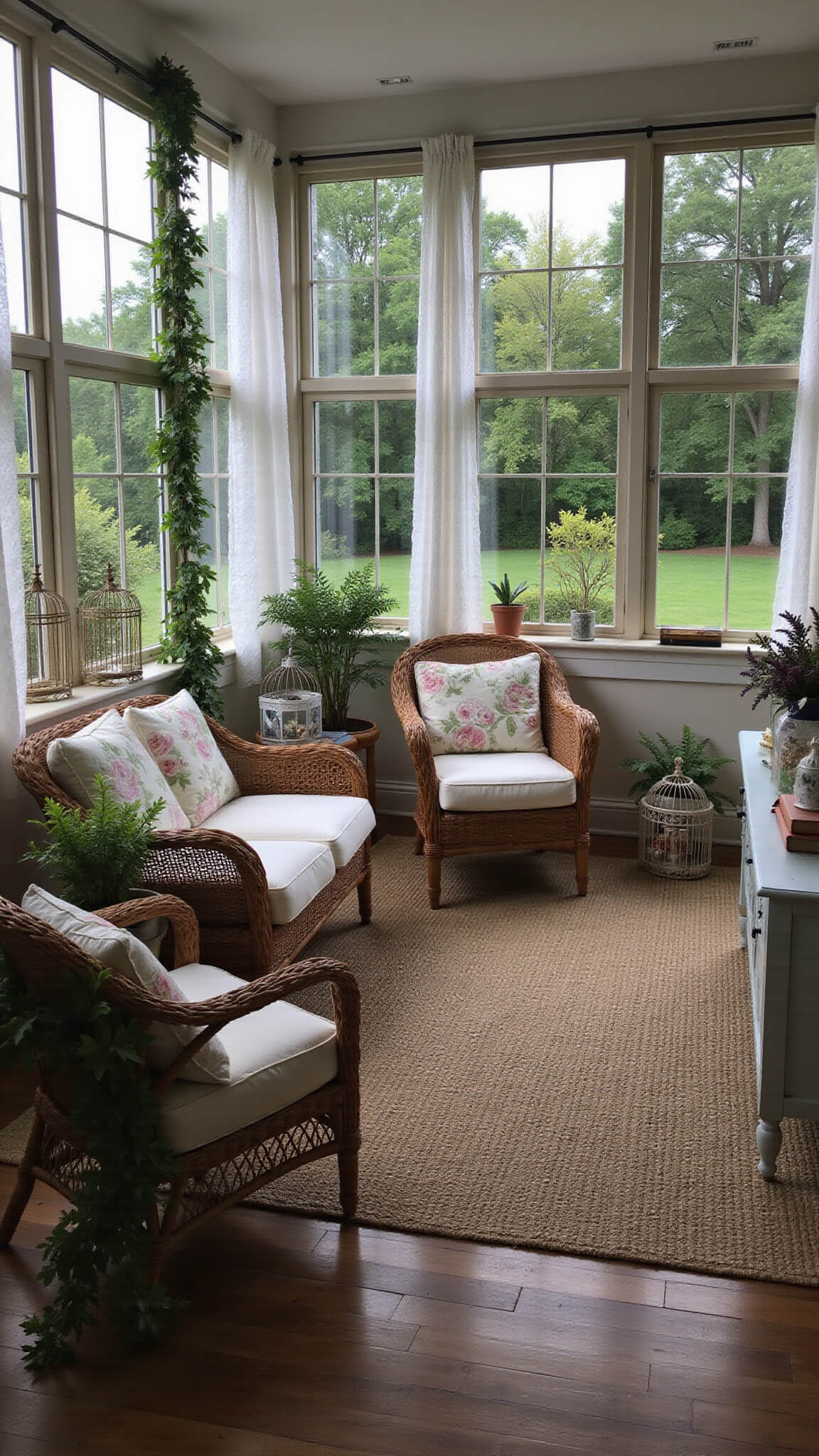 Cozy cottagecore sunroom at twilight with lace-curtained windows, rattan seating, hanging plants, fairy-lit birdcages, and vintage decor against a garden backdrop.