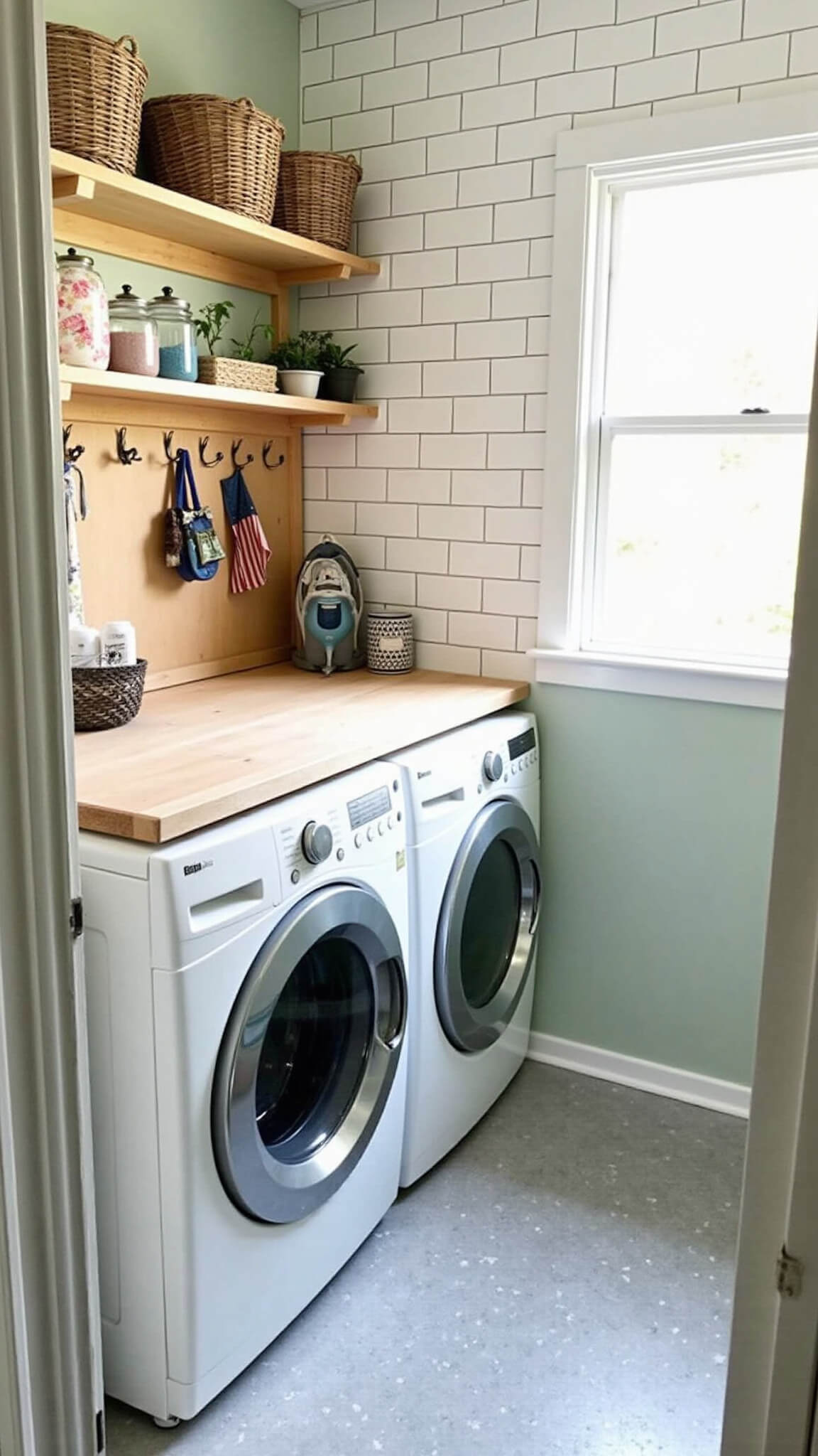Compact 8x6 ft laundry room with stacked washer-dryer, wooden shelves, pegboard wall, and soft morning light through window.