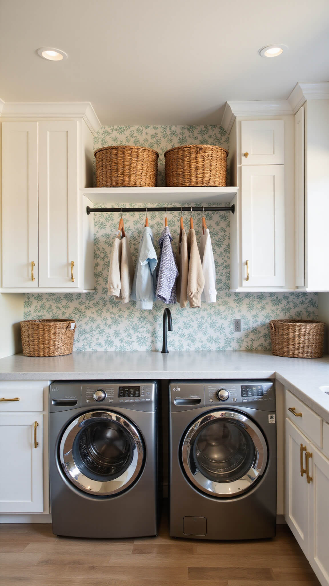 L-shaped laundry nook with white cabinets, gray washer and dryer, farmhouse sink, floral wallpaper, and woven baskets, viewed from low angle.