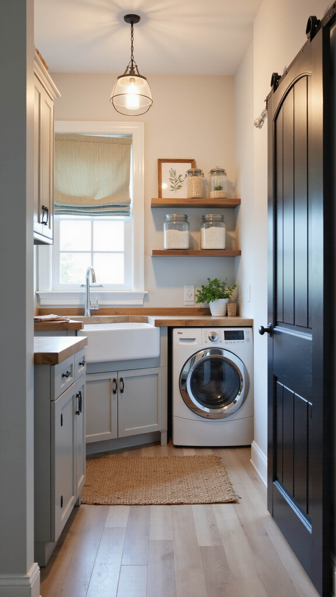 Galley-style laundry room with gray shaker cabinets, butcher block countertop, apron sink under a window with Roman shades, barn door concealing washer and dryer, floating shelves with canisters and prints, and jute runner on vinyl flooring.