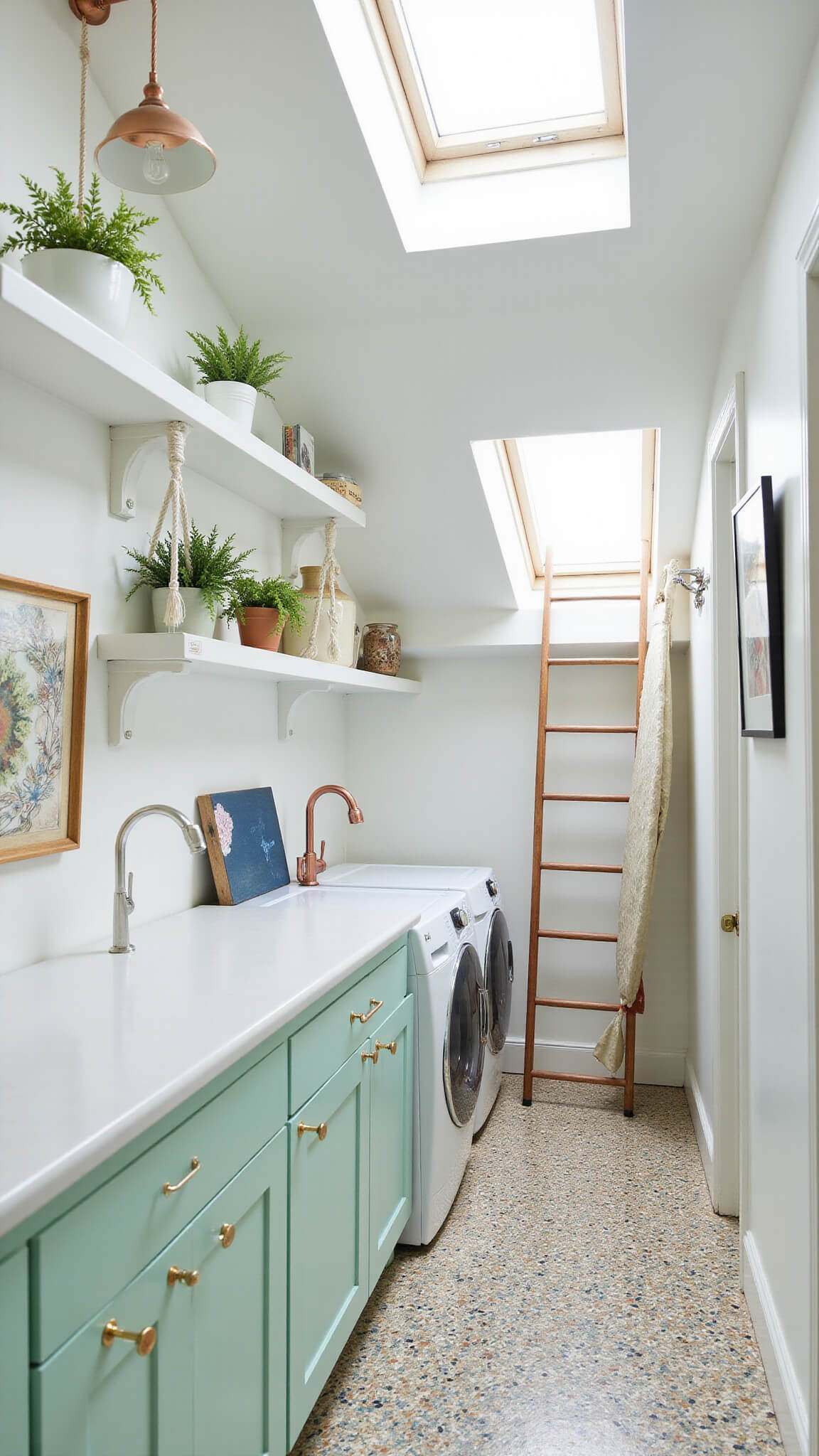 Bright, airy laundry room with mint green cabinets, white appliances, skylights, hanging plants, terrazzo floor, and copper accents.