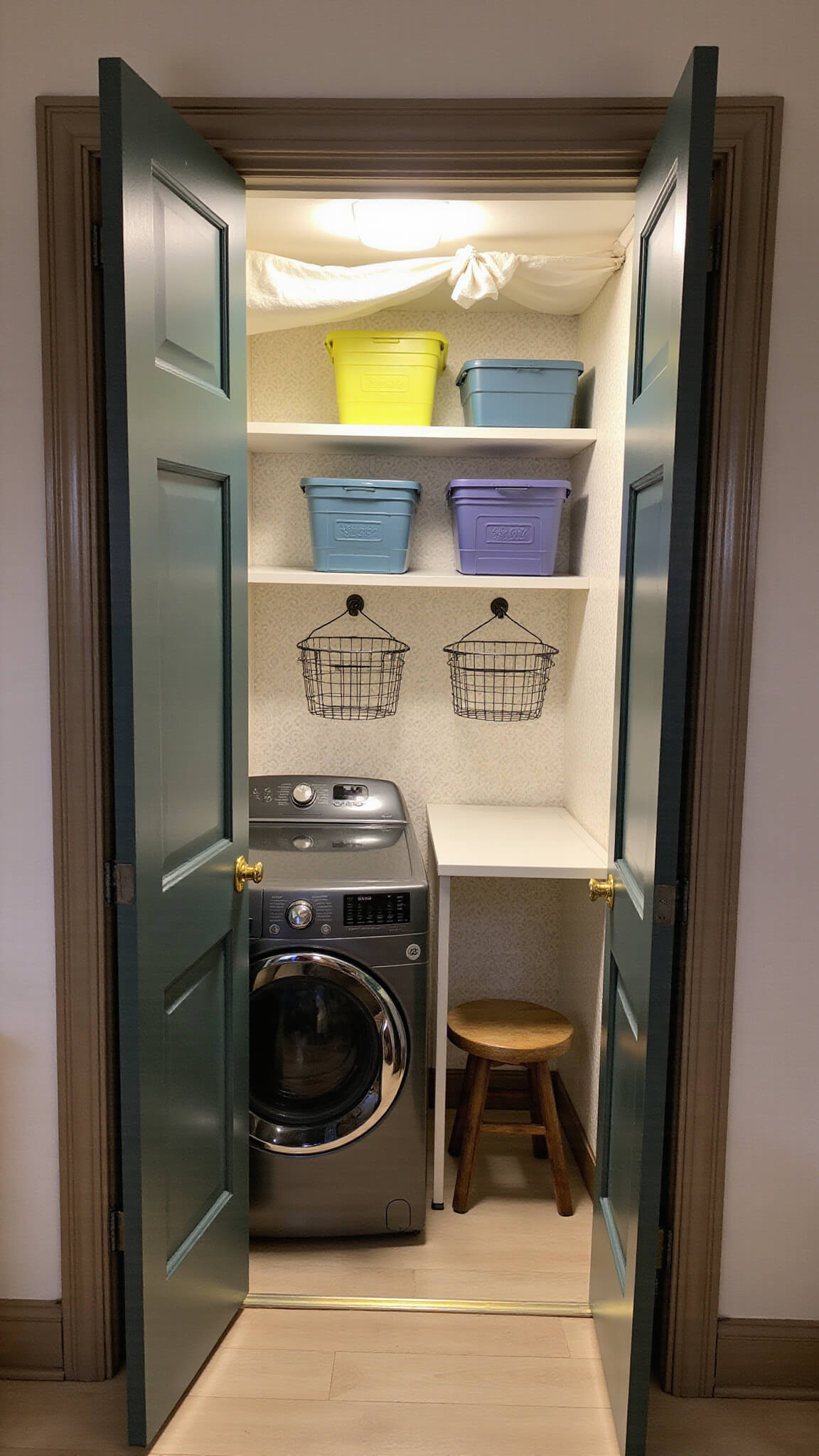 Compact laundry closet with warm LED lighting, washer-dryer combo, chalkboard pocket doors, wire baskets, fold-down table, and colorful storage on geometric wallpapered wall.