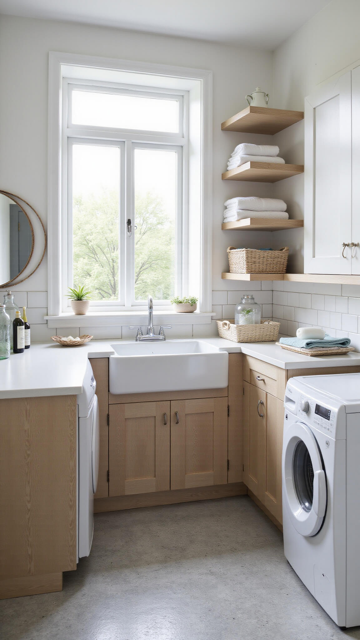 Scandinavian laundry room with light oak cabinets, farmhouse sink, wall-mounted drying rack, open shelves, washer-dryer, and soft gray tile floor.