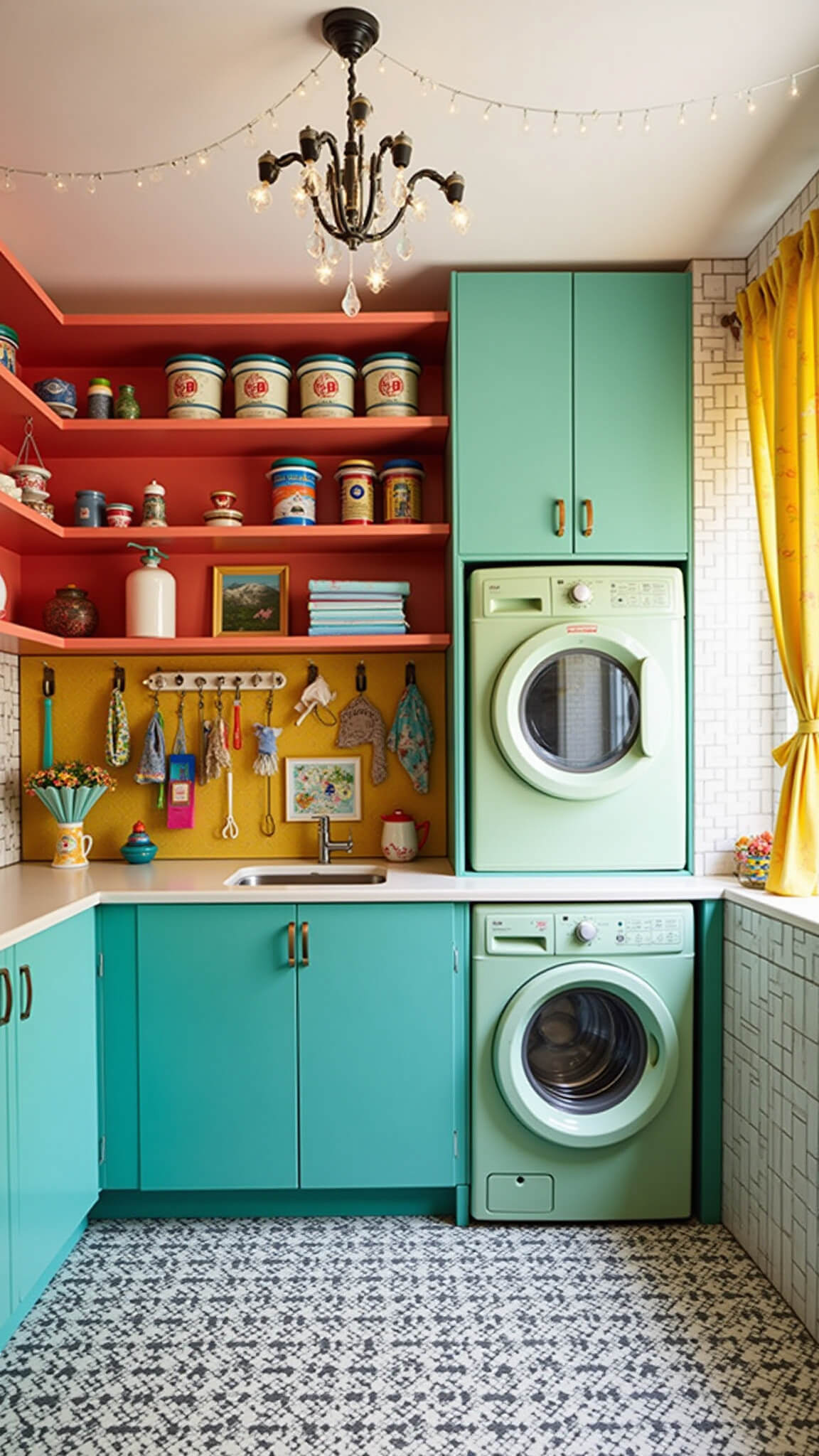 Colorful eclectic laundry room with teal cabinets, coral shelves, vintage mint washing machine, string lights, and patterned black-and-white tile floor.