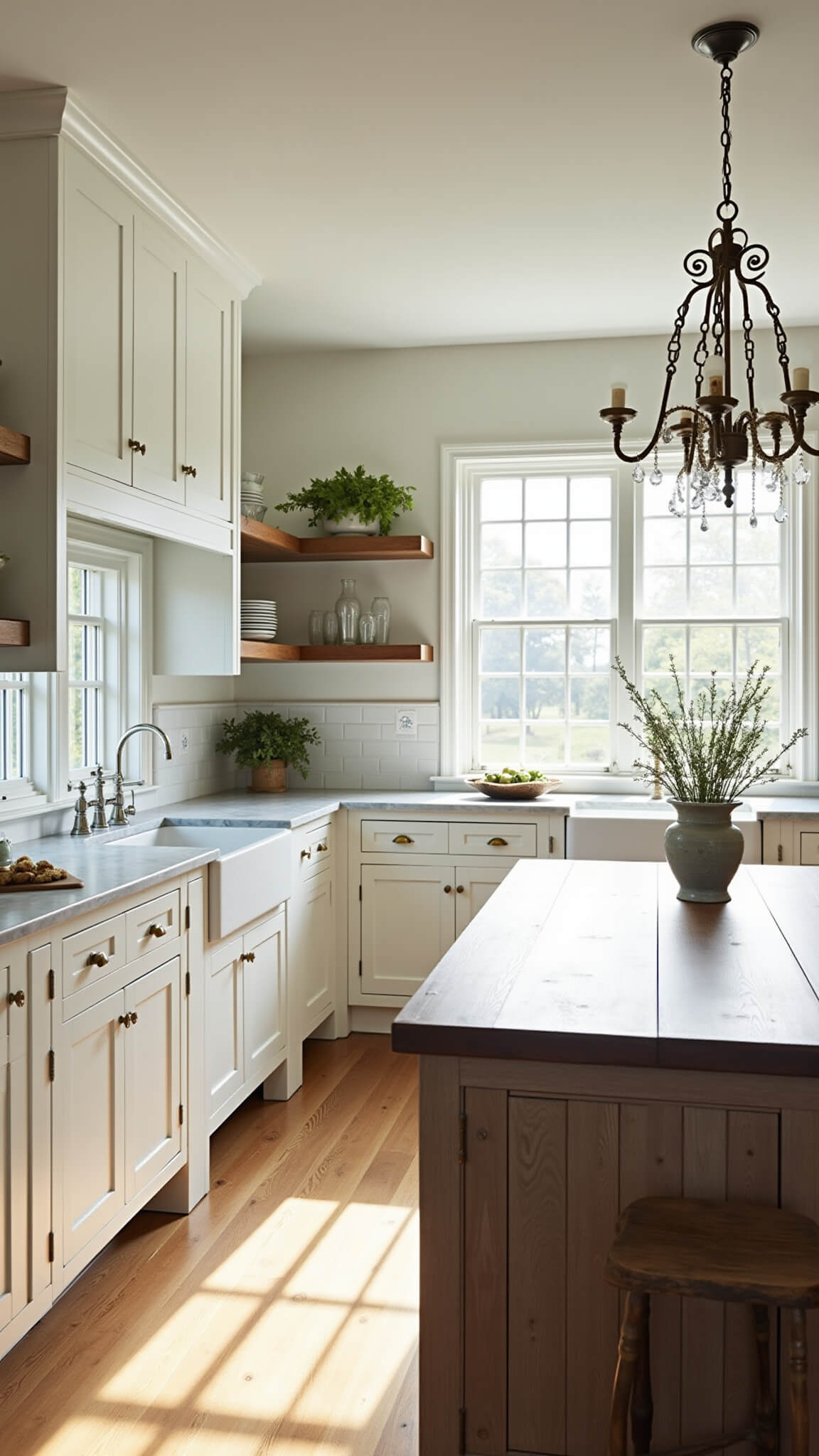 Farmhouse kitchen with white Shaker cabinets, oak island, marble countertops, and morning light streaming through large windows.