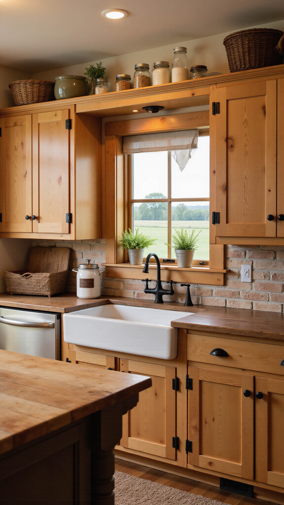 Rustic kitchen nook with distressed pine cabinets, brick backsplash, open shelves of enamelware, and golden hour light through window above sink.