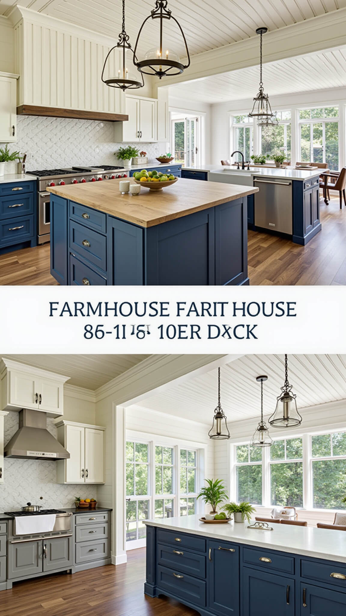 Elevated view of a spacious farmhouse kitchen with navy blue lower cabinets, cream uppers, a large wood-top island, shiplap walls, tin ceiling, and abundant natural light.