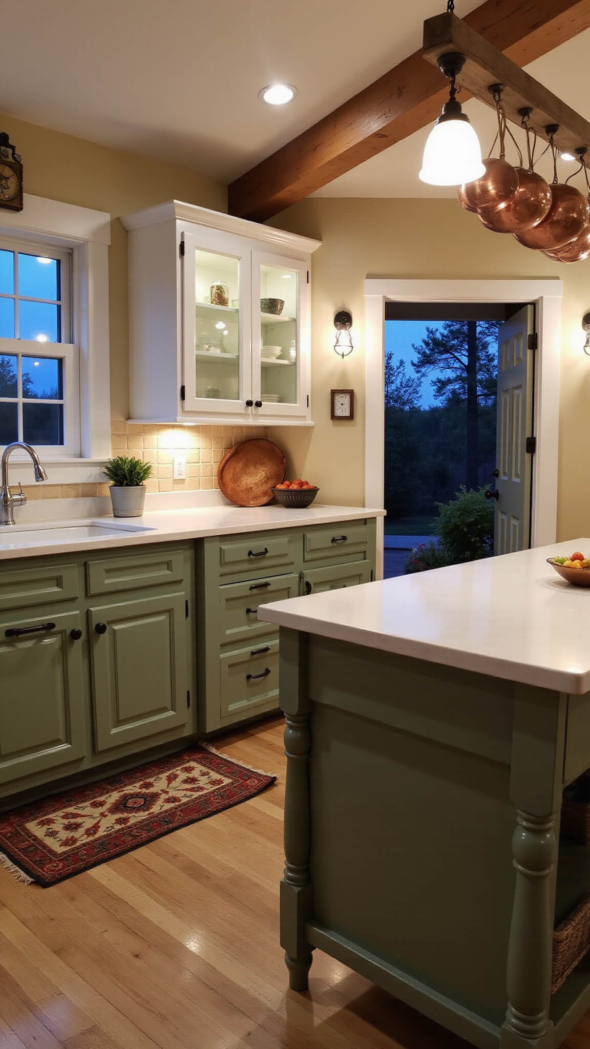 Low-angle view of a cozy farmhouse kitchen with sage green and white cabinets, a small island with turned legs, hanging copper pots, warm sconce lighting, and a twilight sky visible through the windows.