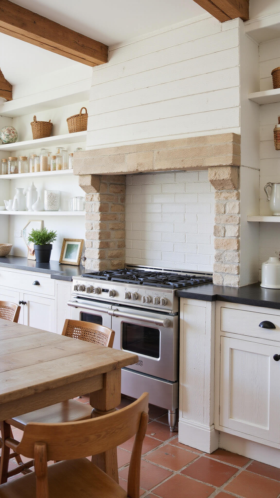 Farmhouse kitchen with whitewashed reclaimed wood cabinets, stone hearth with range, open shelving, and terracotta tile floor, viewed from dining area in bright natural light.