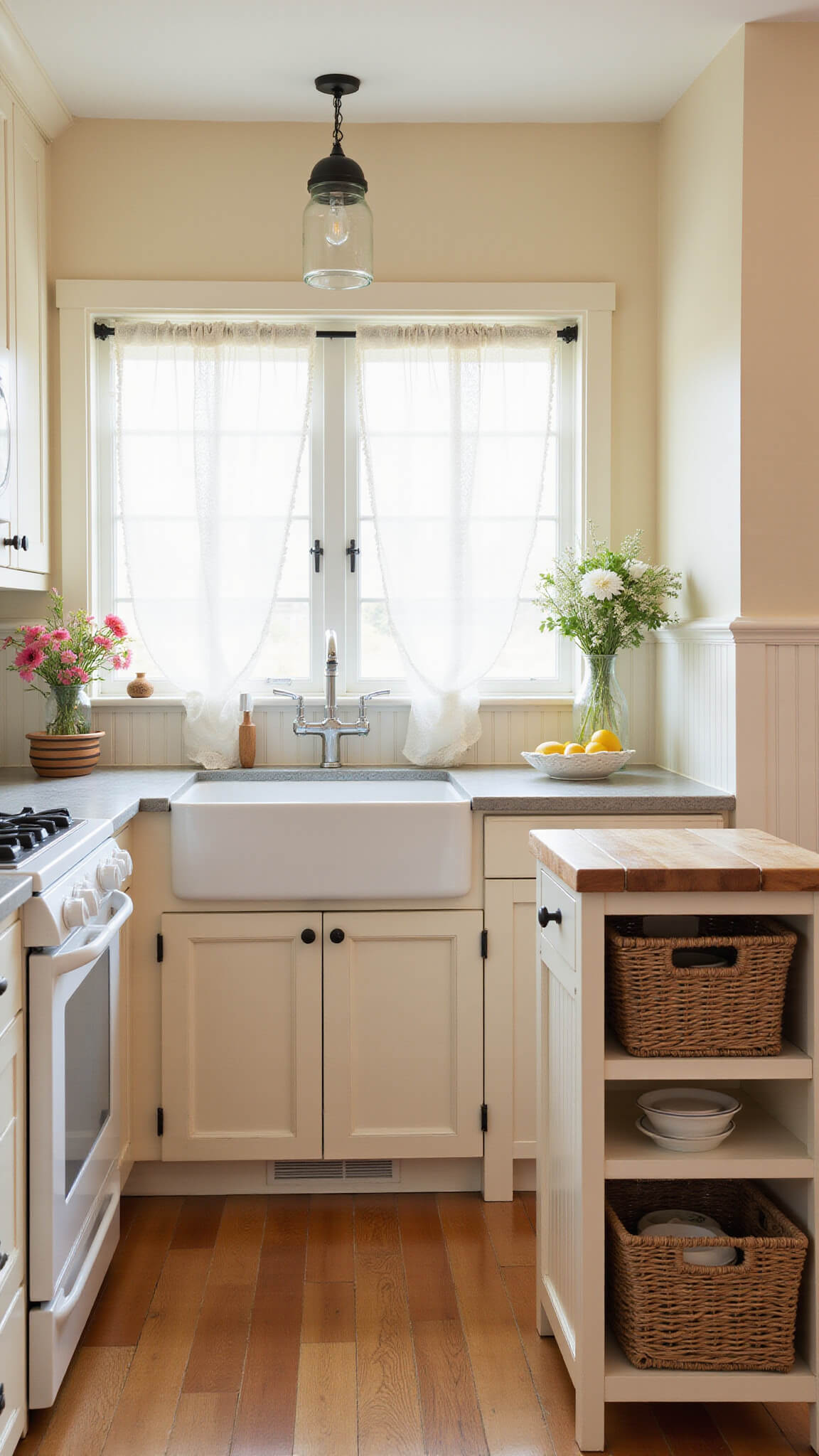 Farmhouse kitchen with cream cabinets, soapstone counters, apron sink, and butcher block island in soft morning light.