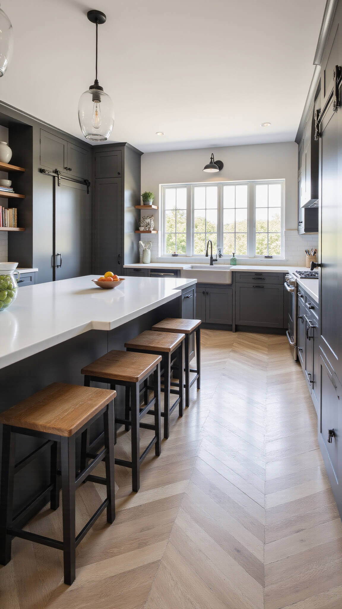 Wide-angle view of a spacious modern farmhouse kitchen with charcoal cabinets, white quartz countertops, a large waterfall island, open shelving, sliding barn door pantry, matte black fixtures, and wood-look porcelain tile flooring bathed in warm afternoon light.